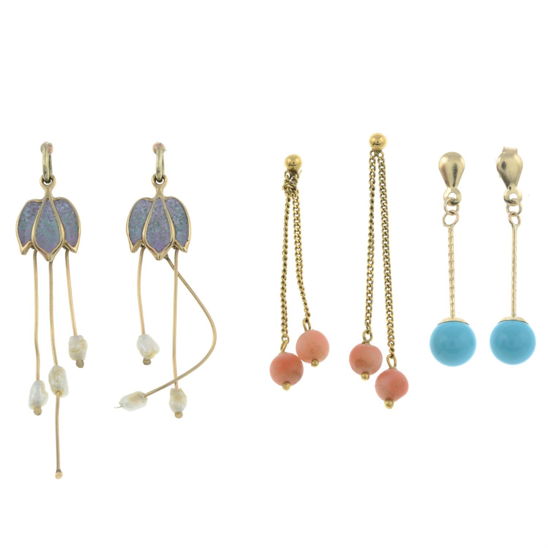 Three pairs of gem-set earrings, to include a pair of 9ct gold coral drop earrings.