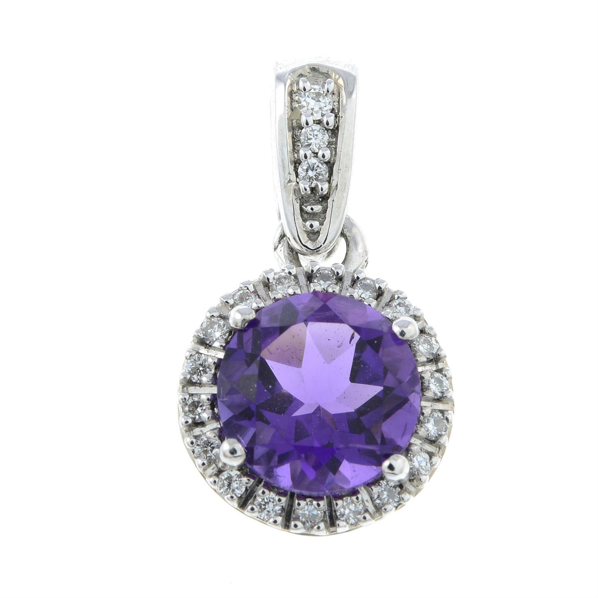 A 9ct gold amethyst and diamond cluster pendant.