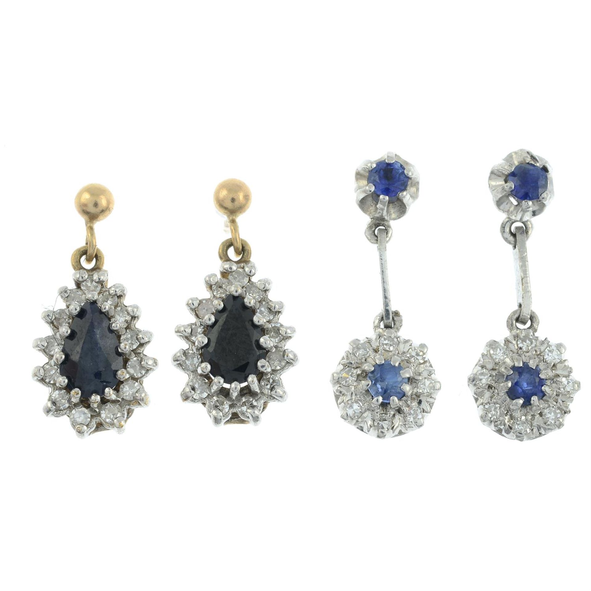 Two pair of 9ct gold sapphire and diamond drop earrings.