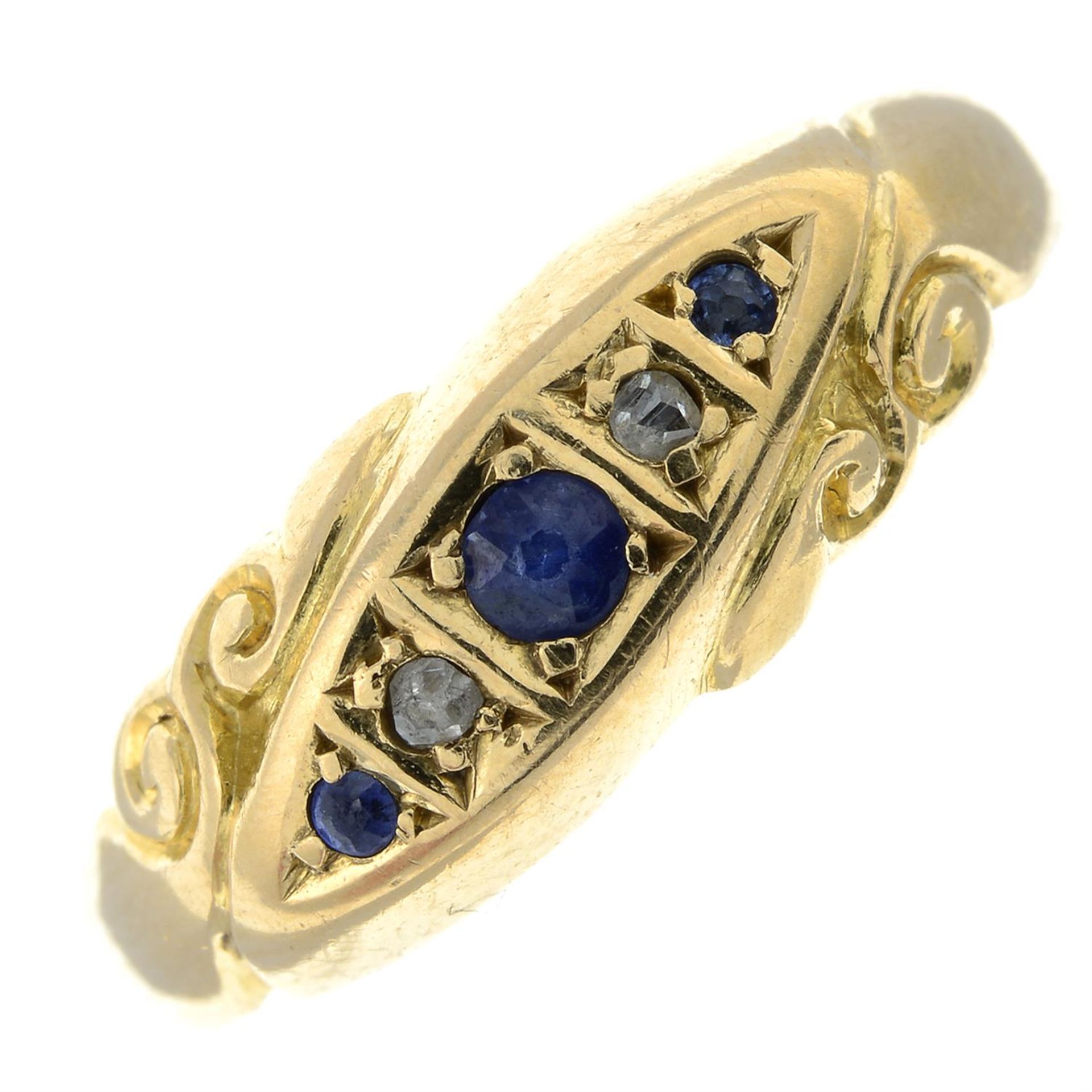 An early 20th century 18ct gold sapphire and rose-cut diamond five-stone ring.