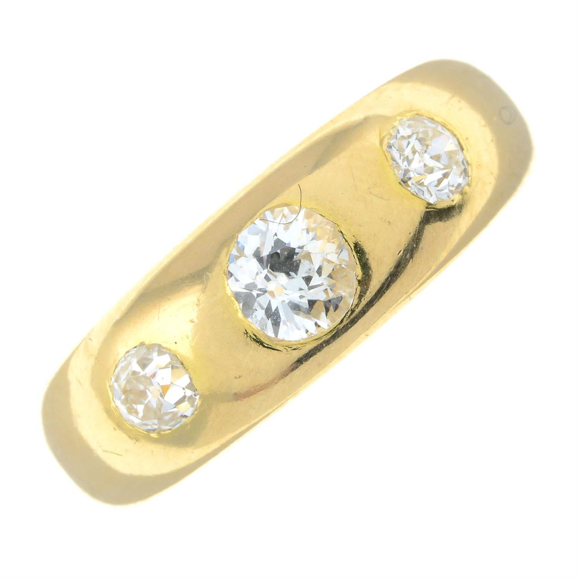 A late Victorian 18ct gold old-cut diamond three-stone ring.