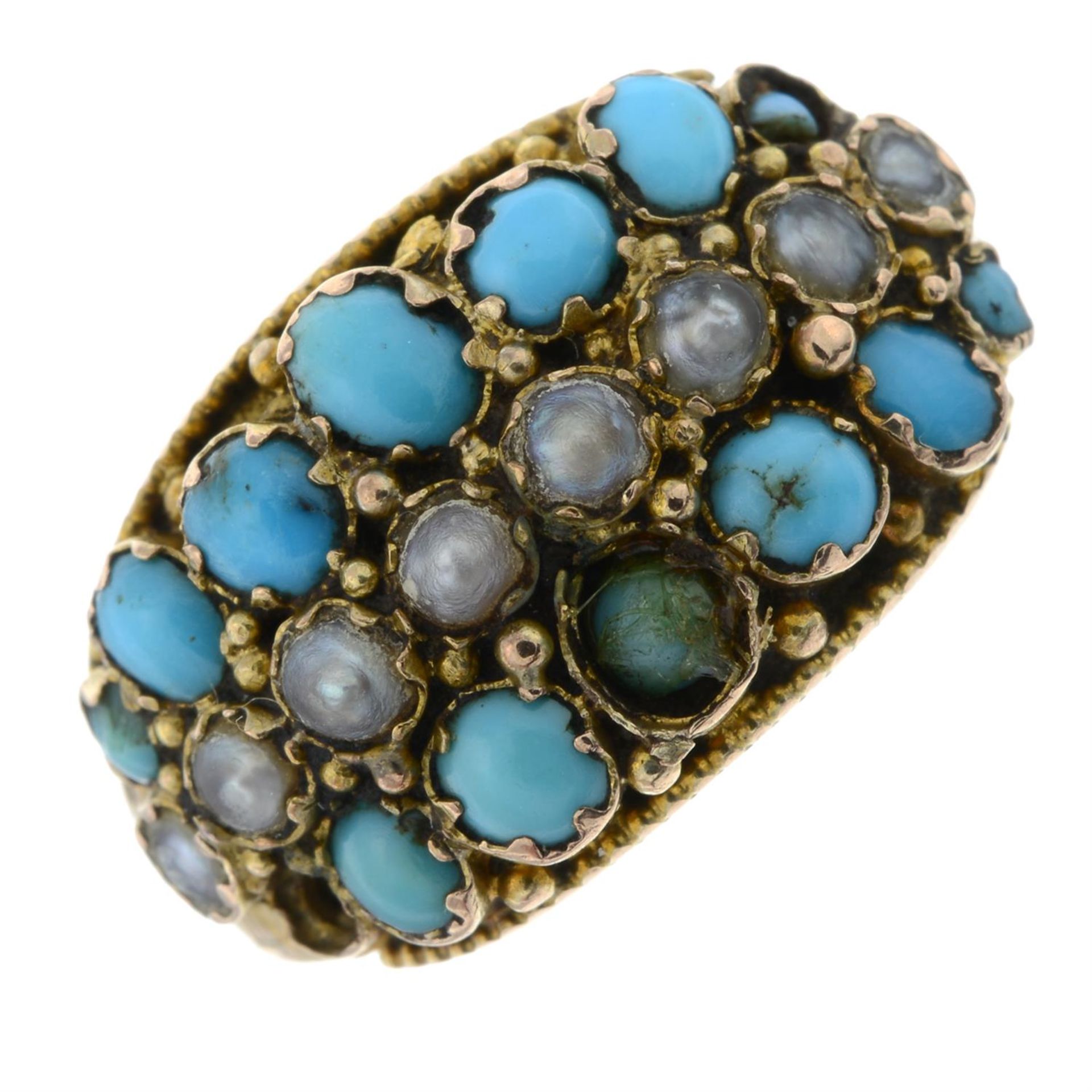 A late Victorian 9ct gold turquoise and split pearl three-row ring,