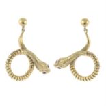 A pair of 9ct gold snake earrings, with ruby eyes, by Cropp & Farr.