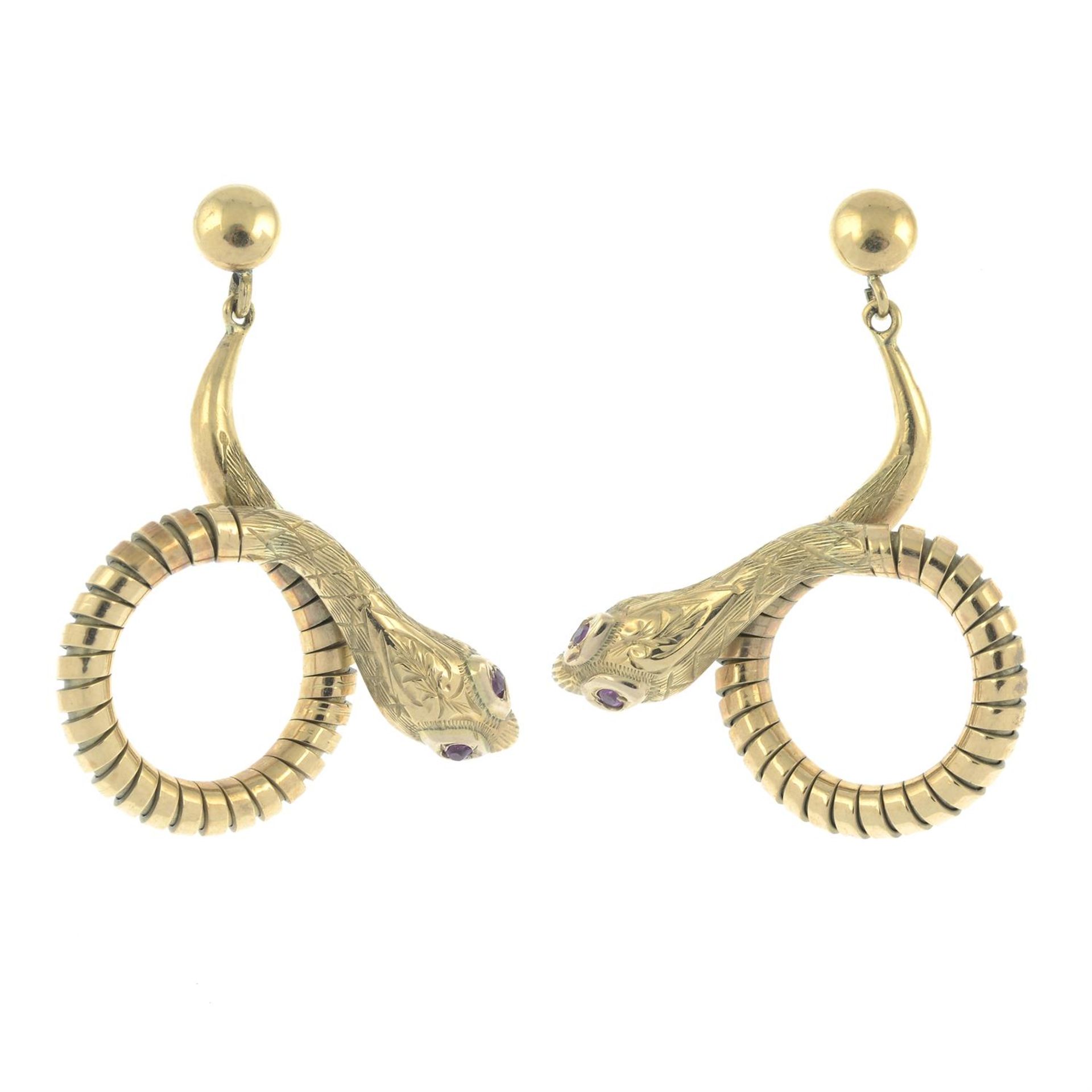 A pair of 9ct gold snake earrings, with ruby eyes, by Cropp & Farr.