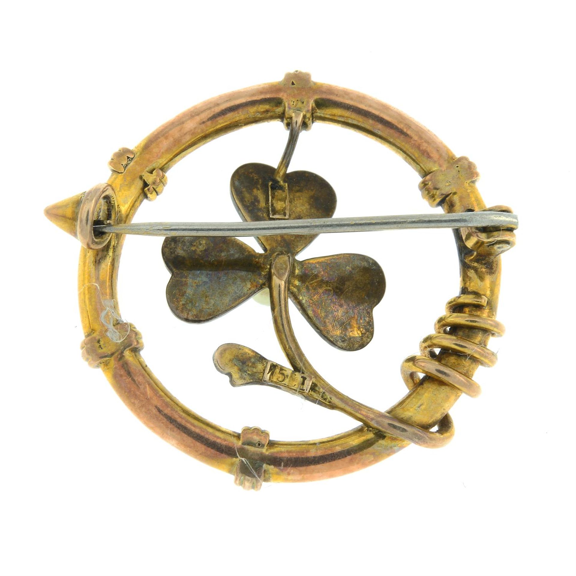 An early 20th century 15ct gold enamel and seed pearl shamrock brooch. - Image 2 of 2