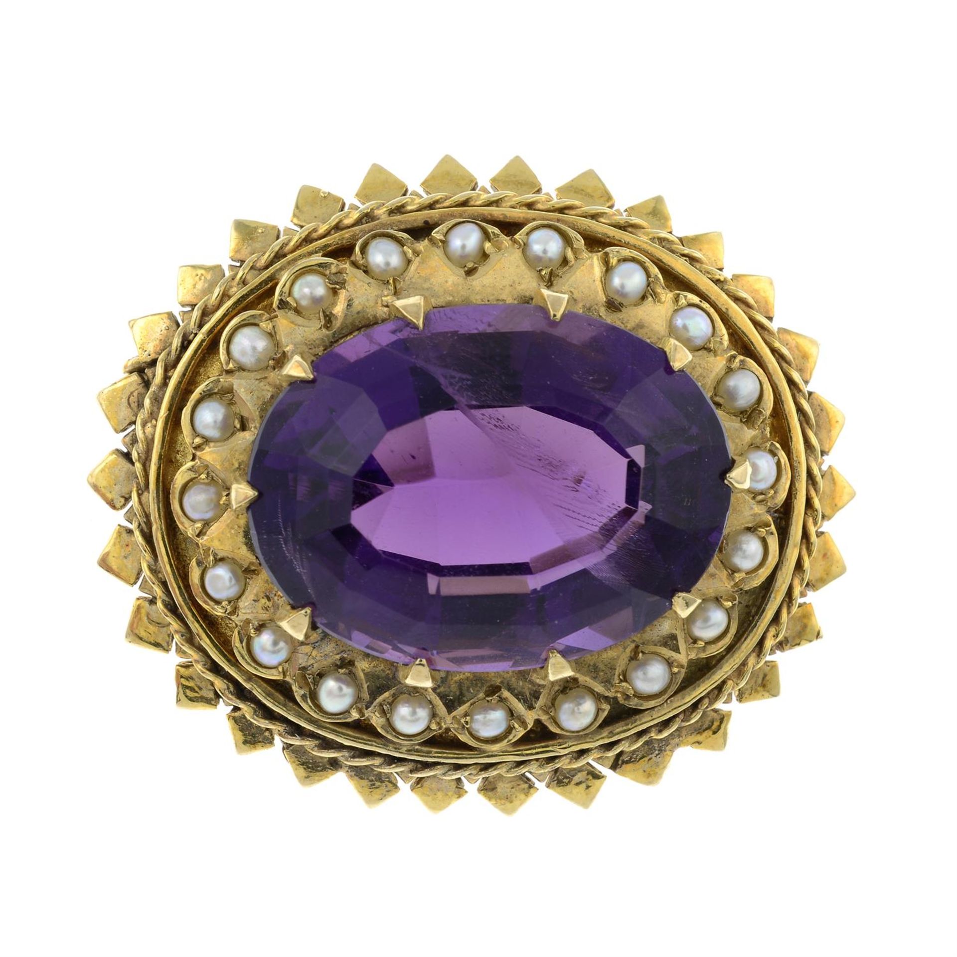 An amethyst and split pearl brooch.