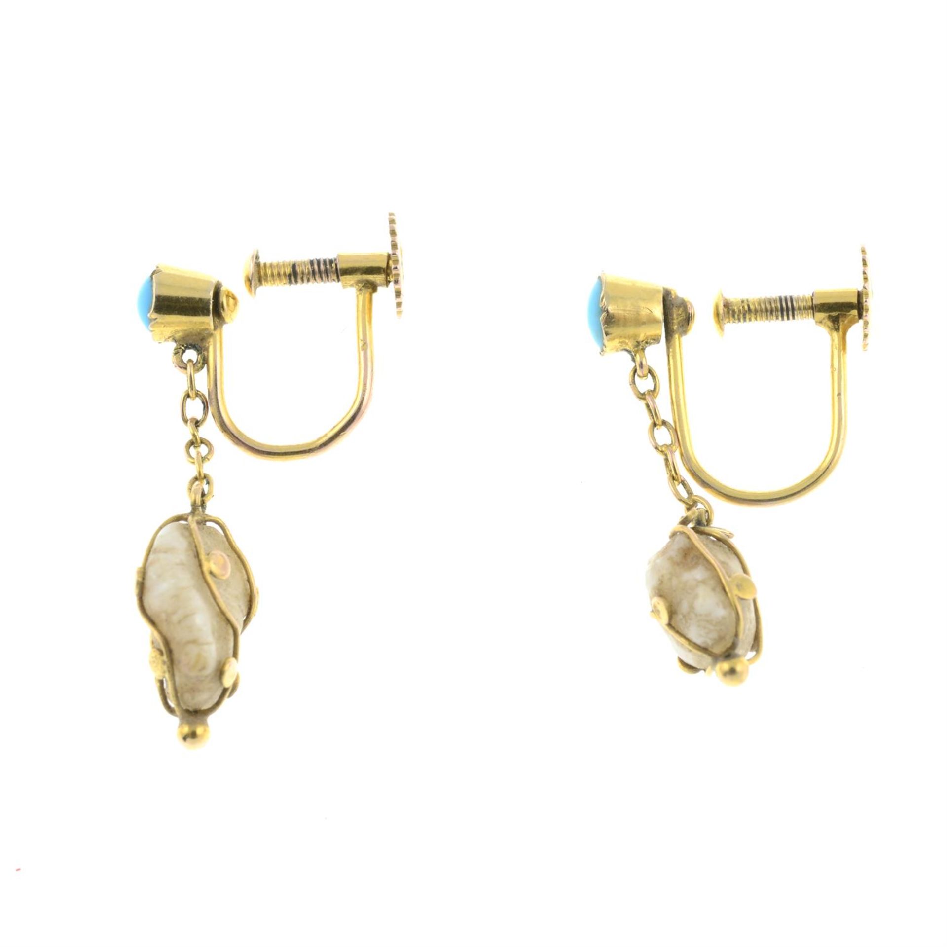 A pair of early to mid 20th century 9ct gold pearl and turquoise drop earrings. - Image 2 of 2