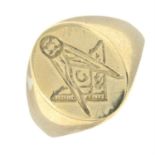 A 9ct gold signet ring, with Masonic square and compass.