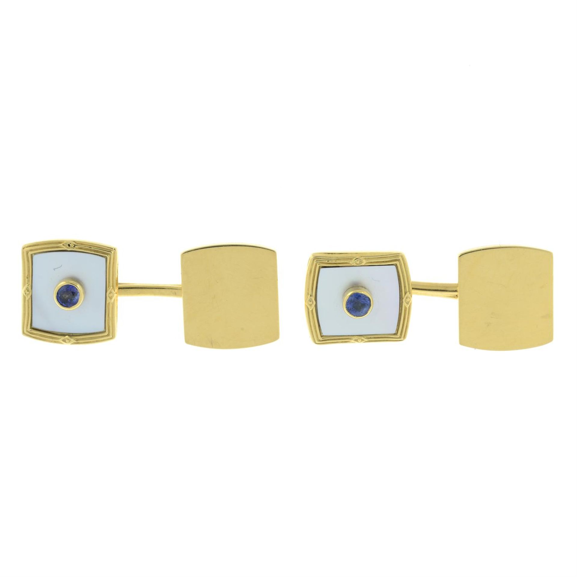 A pair of sapphire and mother-of-pearl cufflinks, by Deakin & Francis.