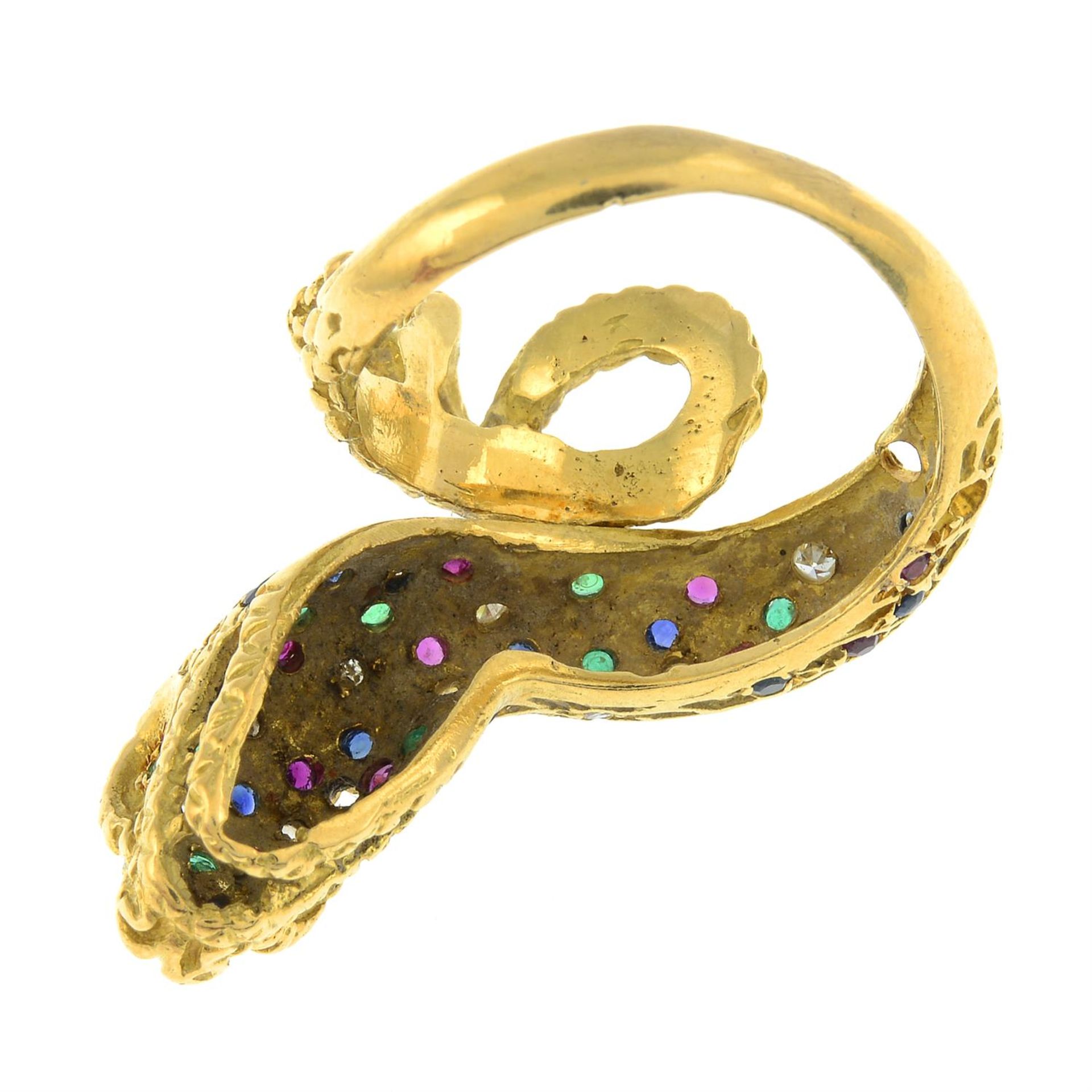 A sapphire, ruby, emerald and diamond snake ring. - Image 2 of 2