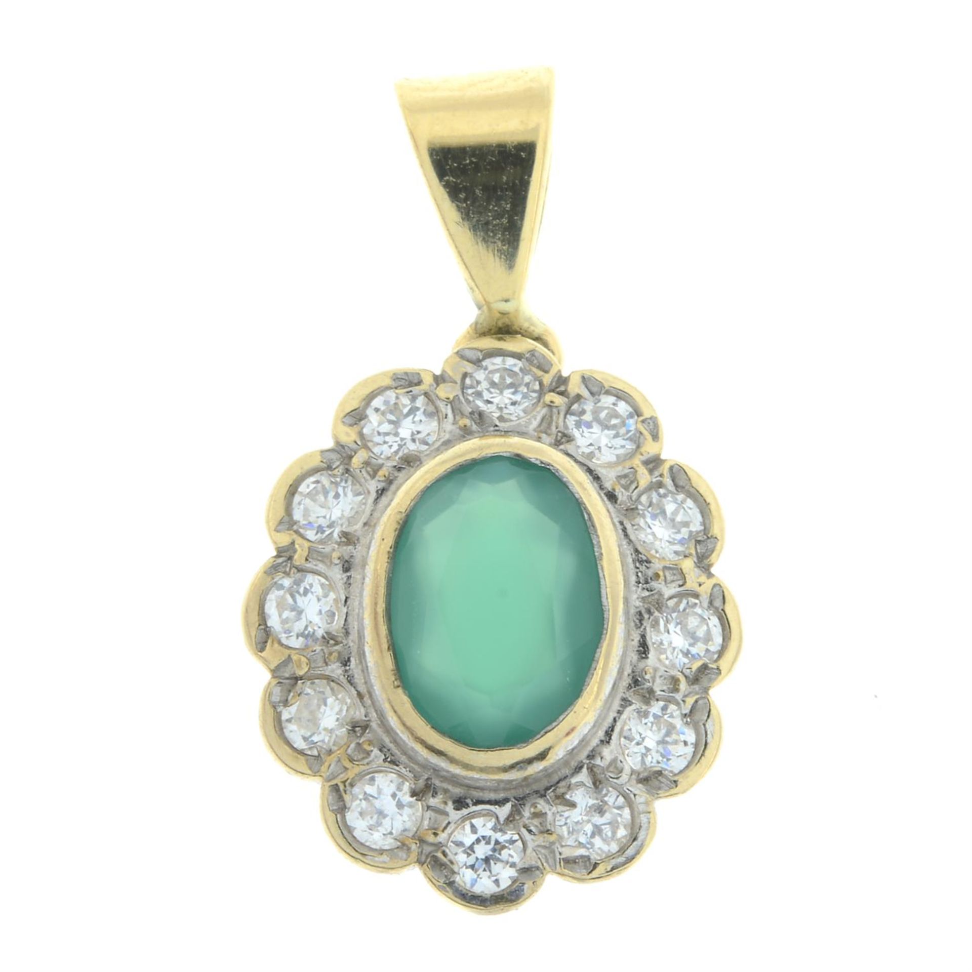 A chrysoprase and cubic zirconia cluster pendant.