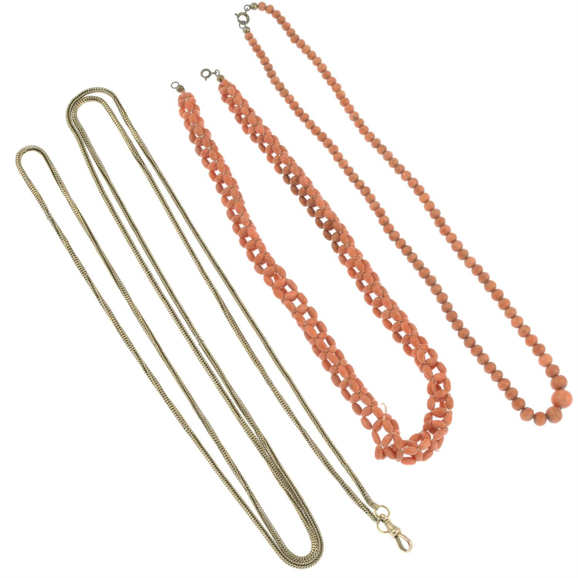 Two coral necklaces and a longuard chain.