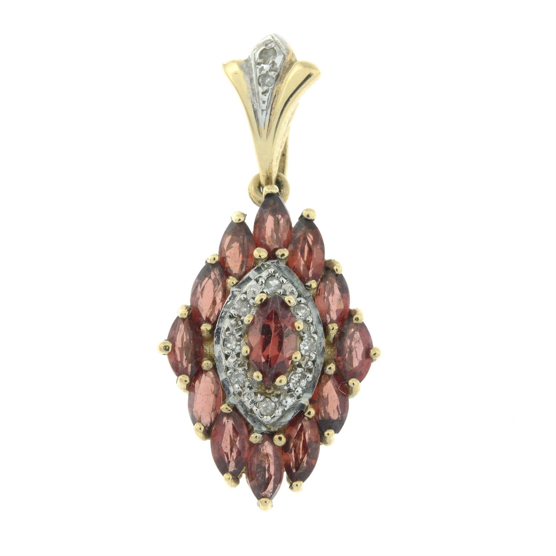 A 9ct gold garnet and diamond pendant.