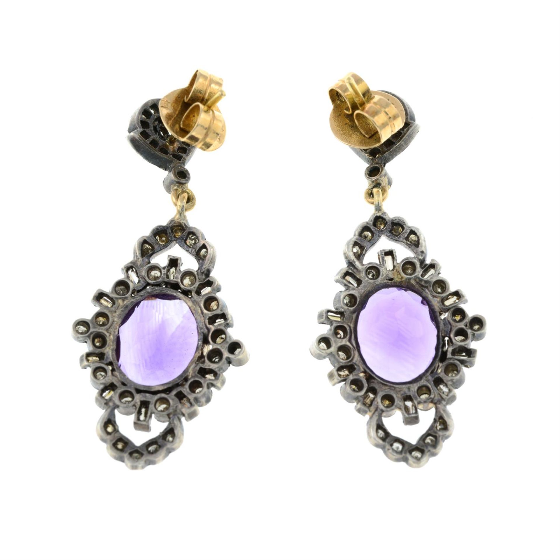 A pair of amethyst and diamond drop earrings. - Image 2 of 2