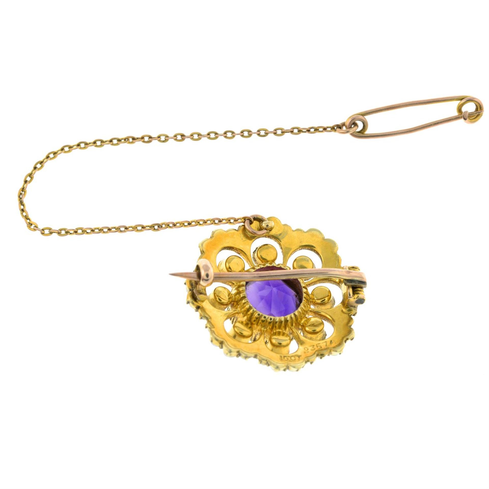 An early 20th century 15ct gold amethyst and split pearl brooch. - Image 2 of 2