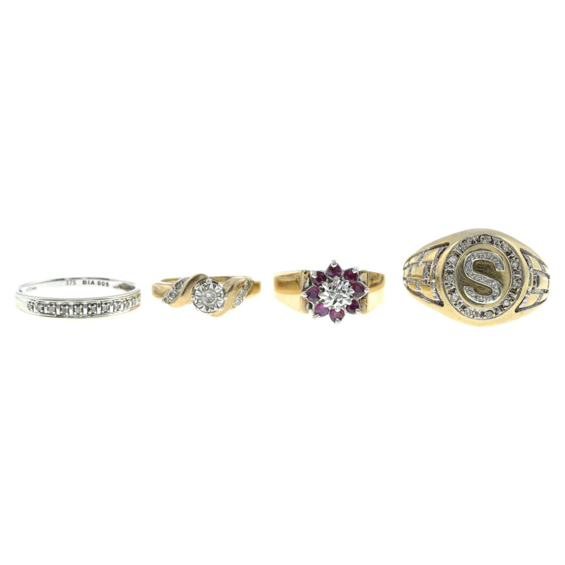 Four 9ct gold gem-set rings.