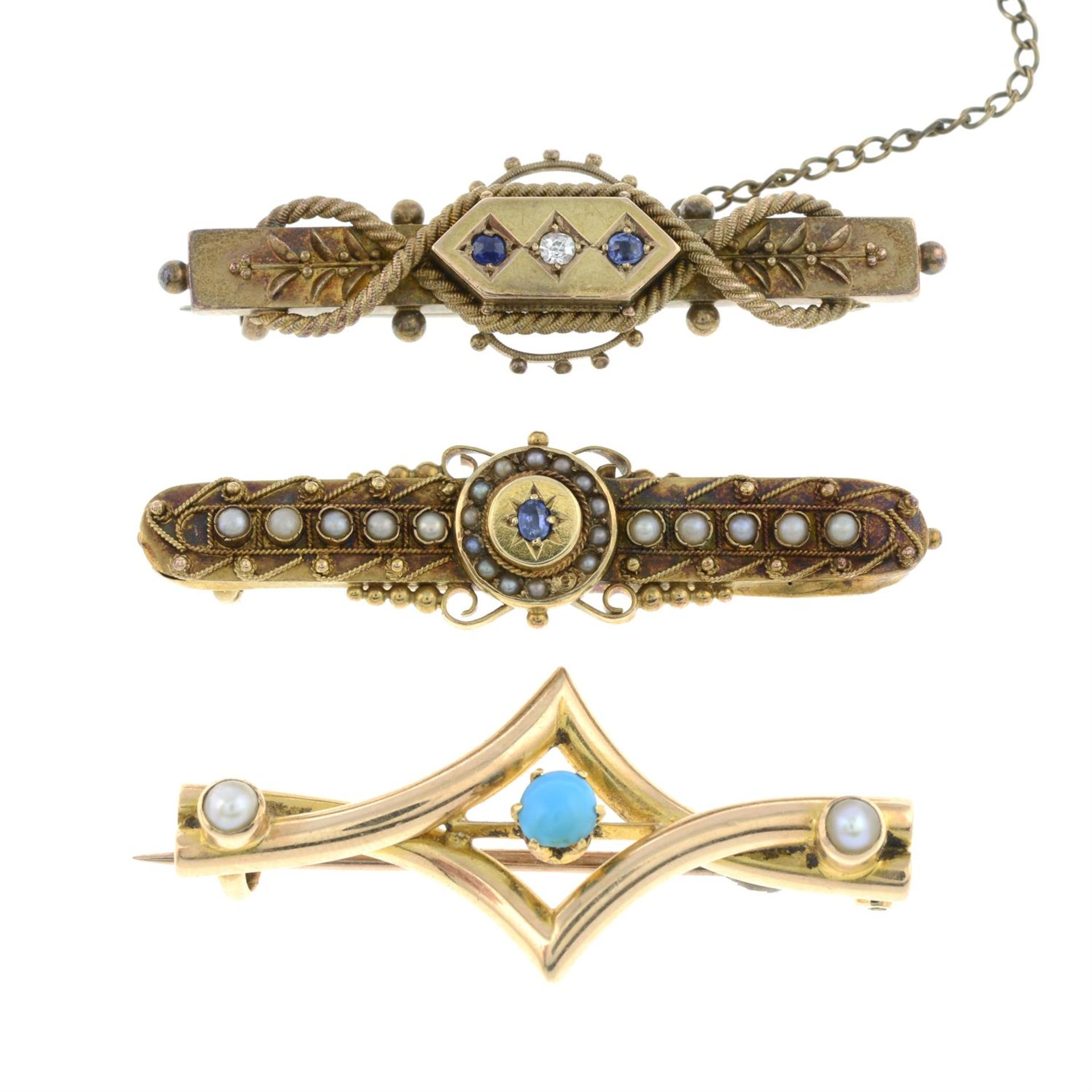 Three late 19th to early 20th century gold gem-set brooches.