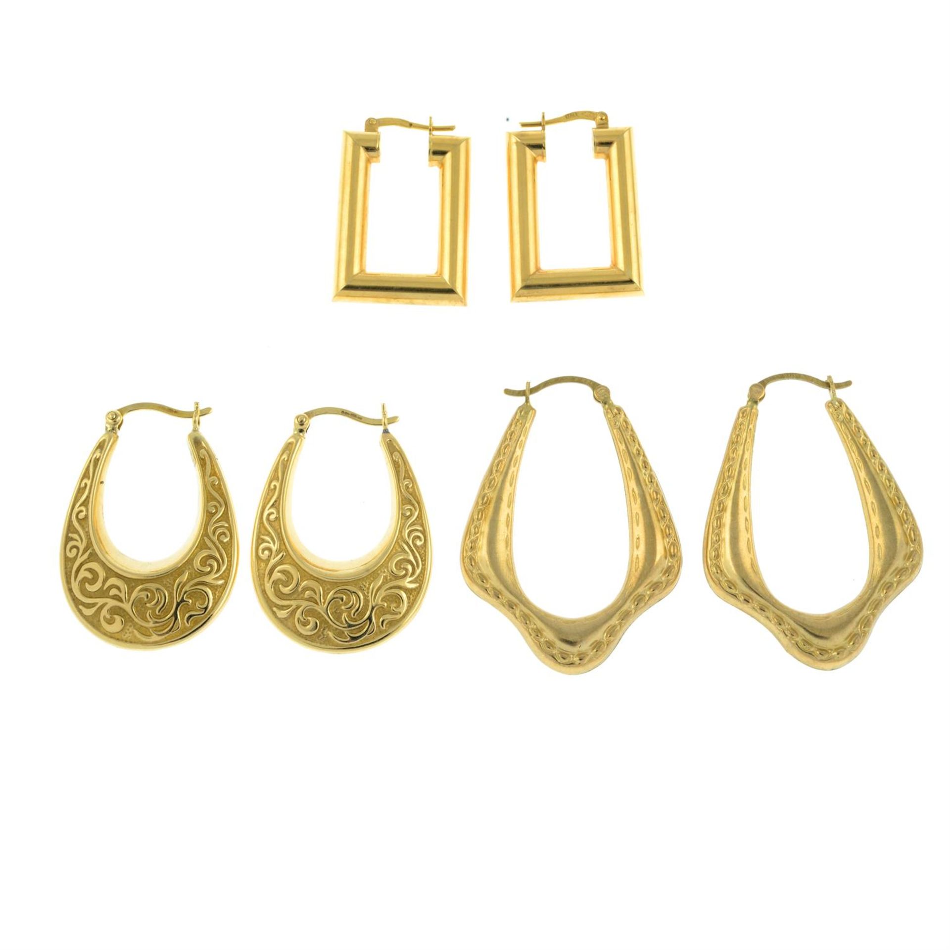 Three pairs of 9ct gold hoop earrings. - Image 2 of 2