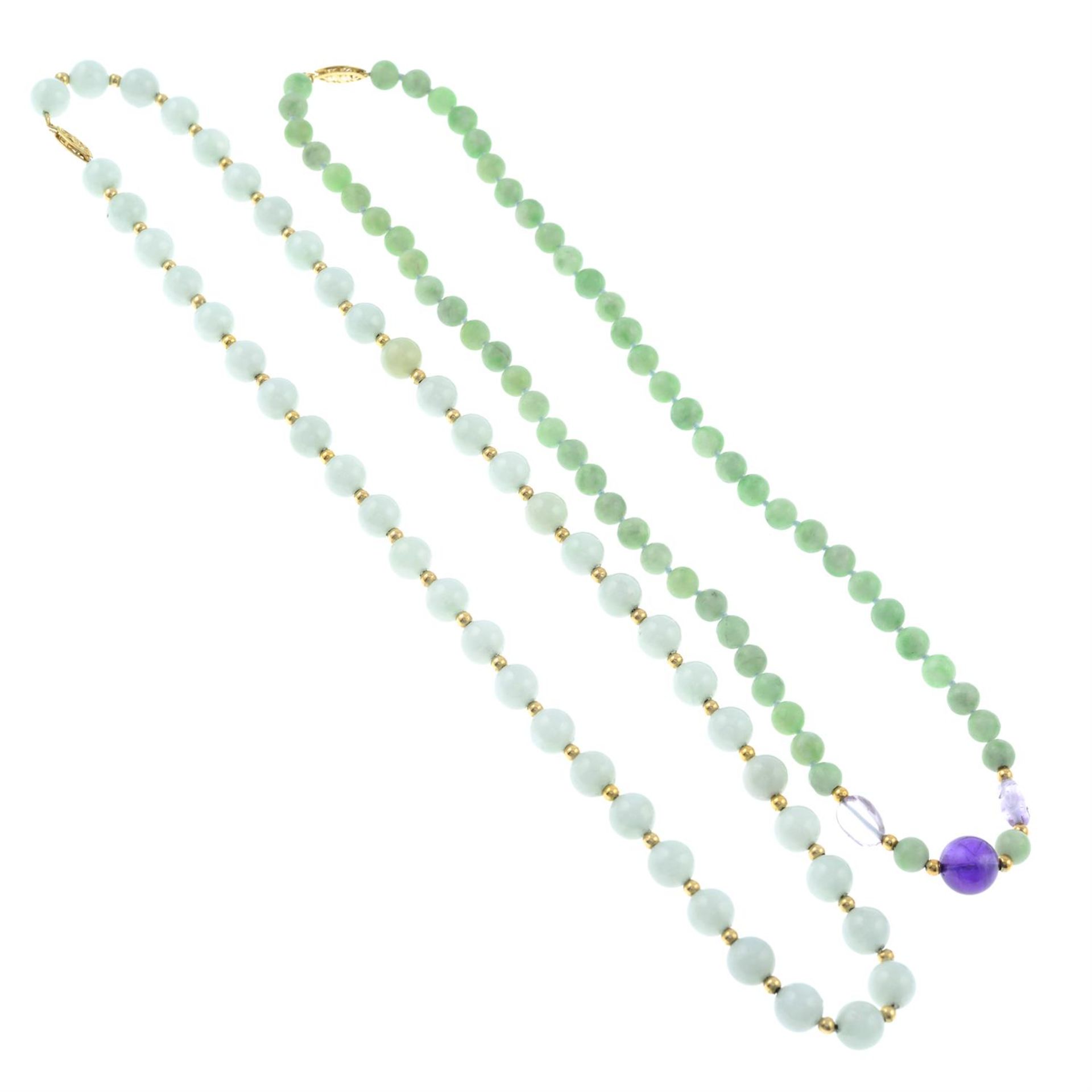 Two jade bead necklaces, one with amethyst highlights. - Image 2 of 2