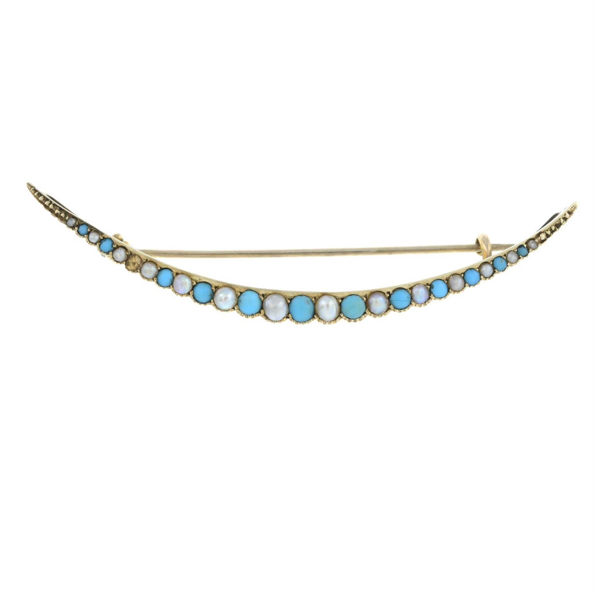 An early 20th century 9ct gold turquoise and split pearl crescent brooch.