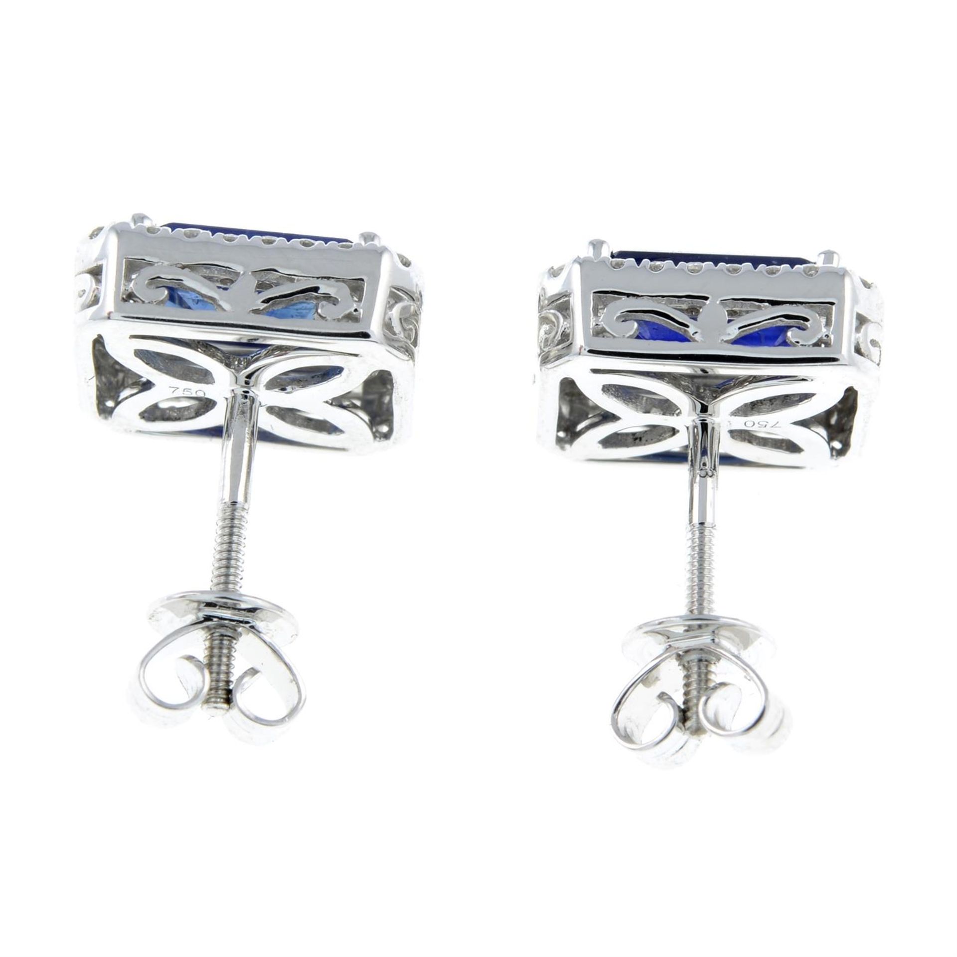 A pair of 18ct gold sapphire and diamond rectangular-shape cluster earrings. - Image 2 of 2