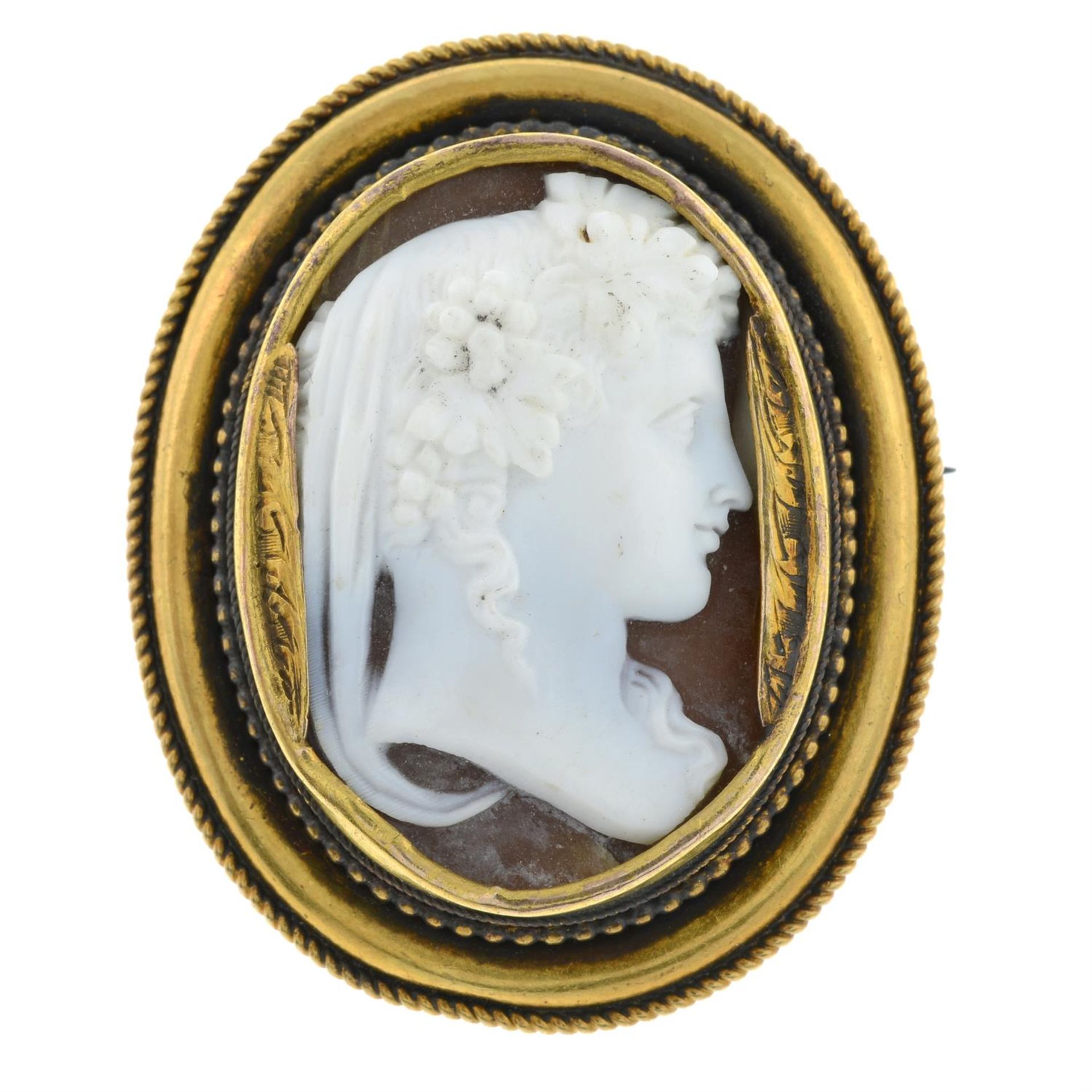 A late Victorian 15ct gold shell cameo brooch, depicting Bacchante.