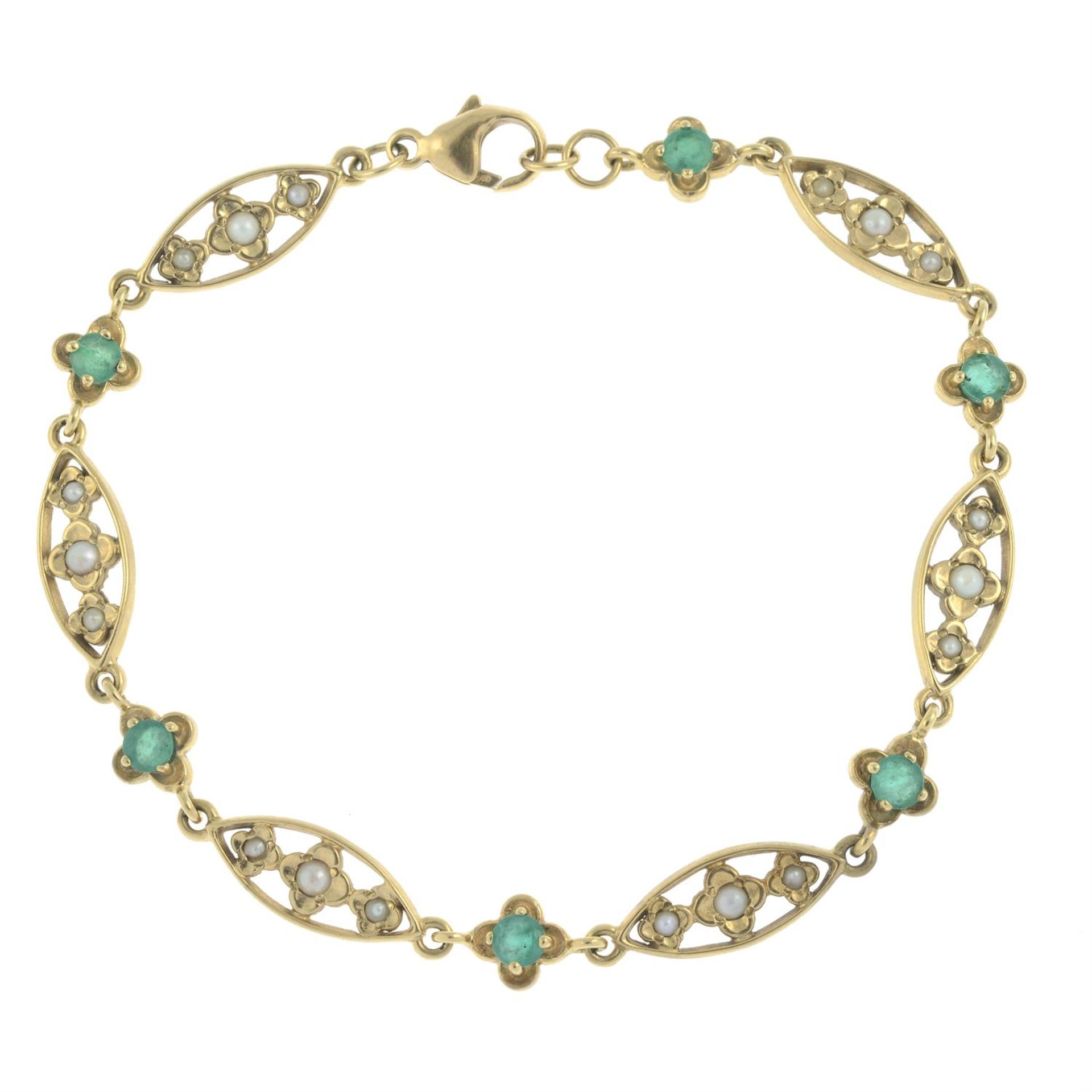 A 9ct gold emerald and split pearl openwork floral bracelet.