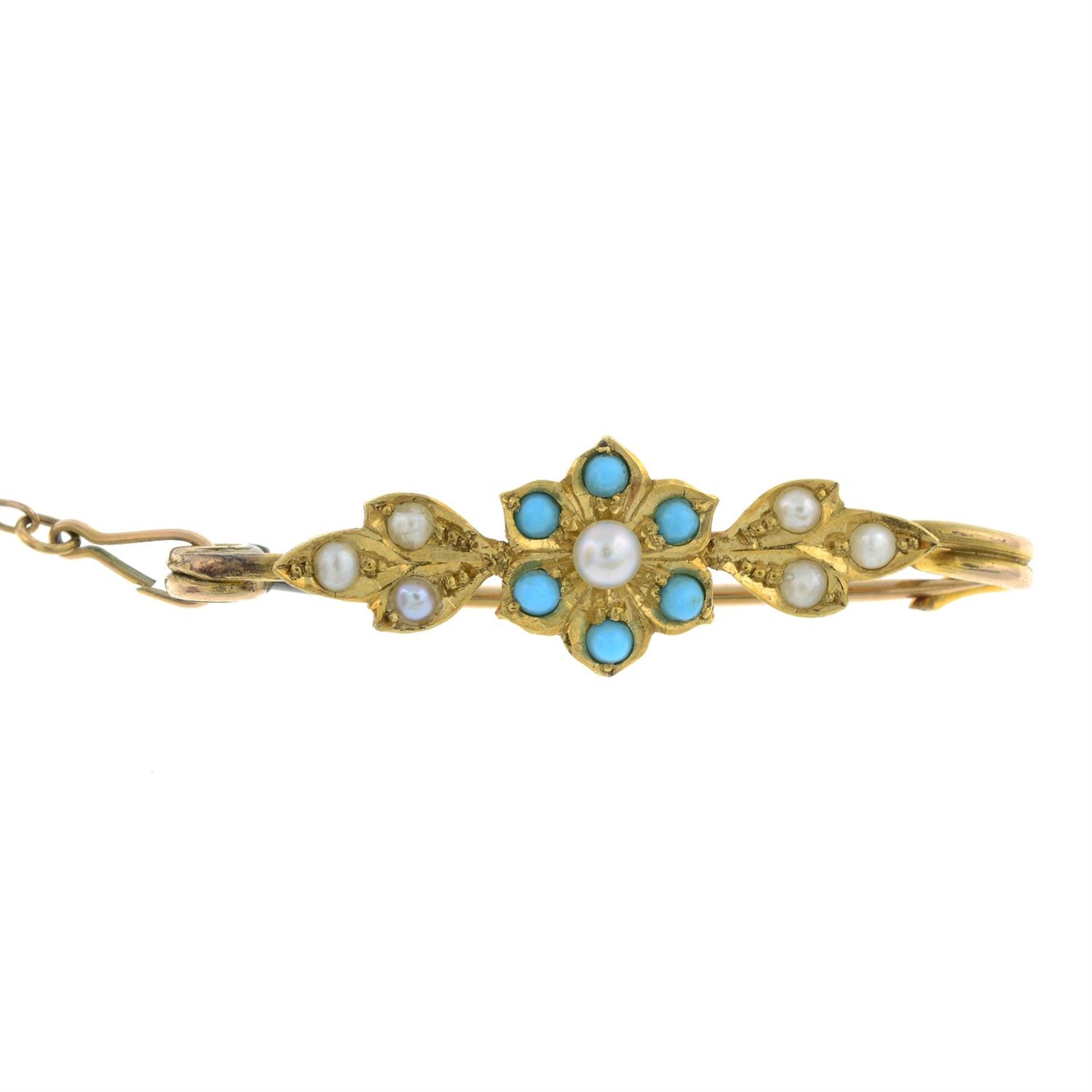 A turquoise, split pearl and seed pearl floral bar brooch,.