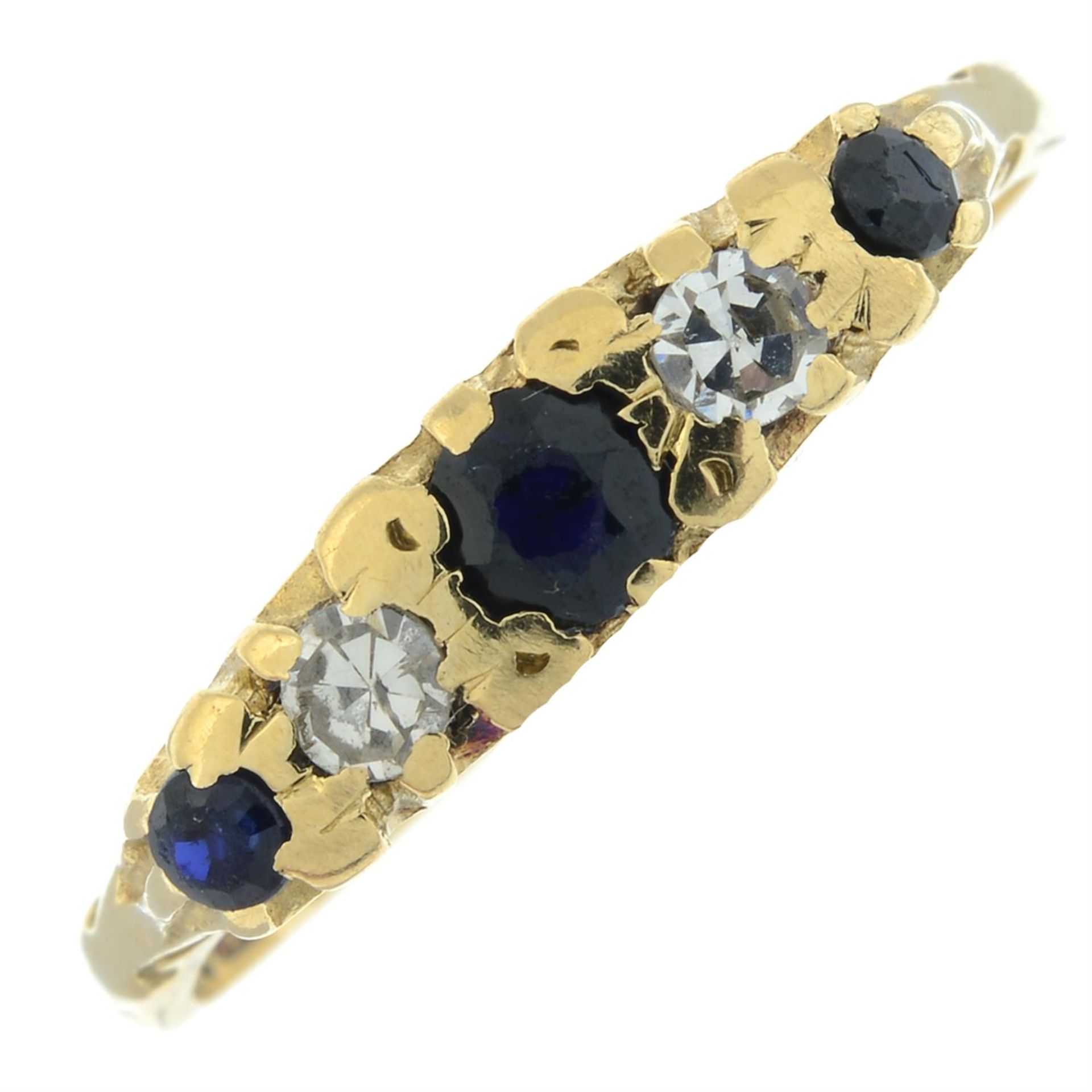 An 18ct gold sapphire and single-cut diamond five-stone ring.