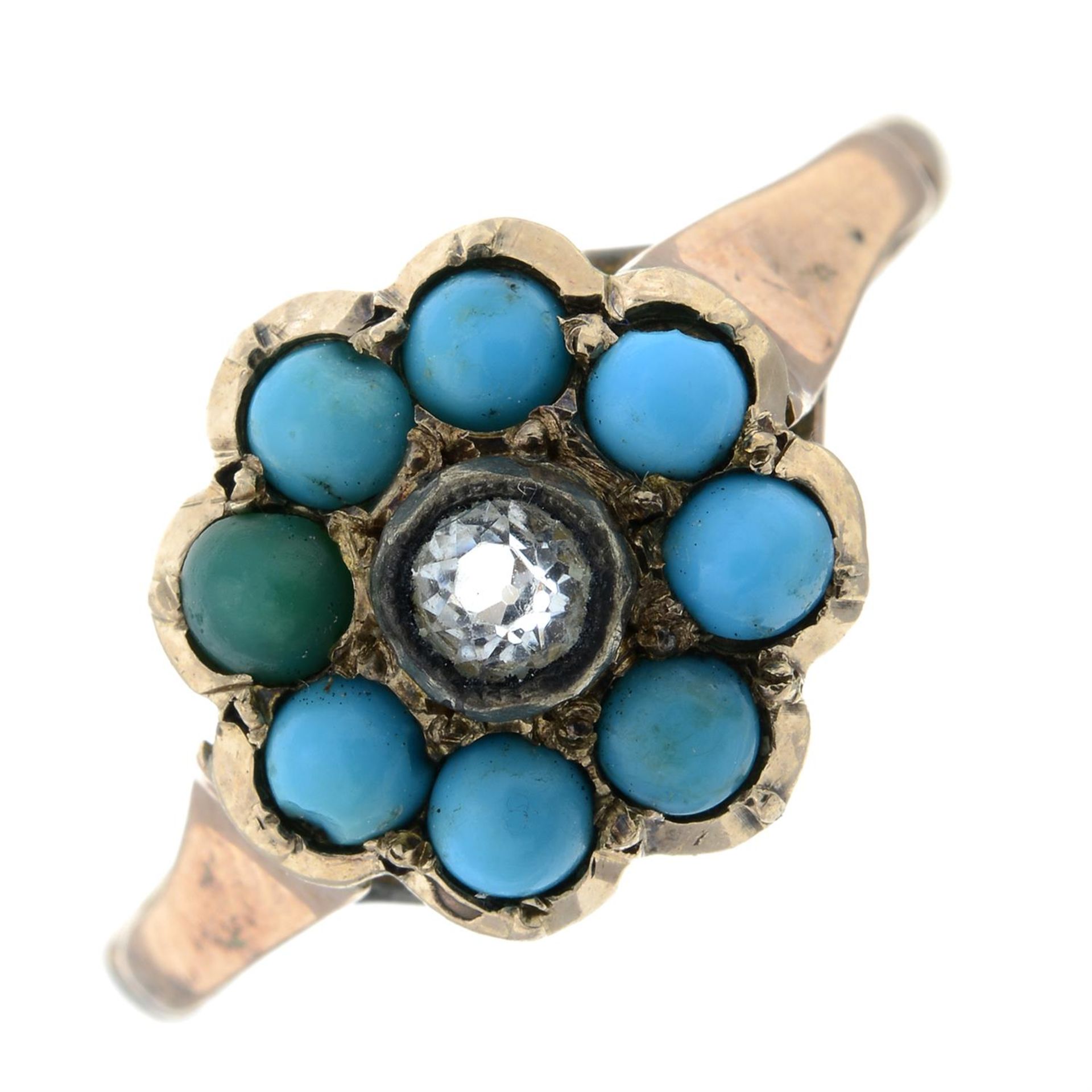 An early 20th century 9ct gold turquoise and paste floral cluster ring.