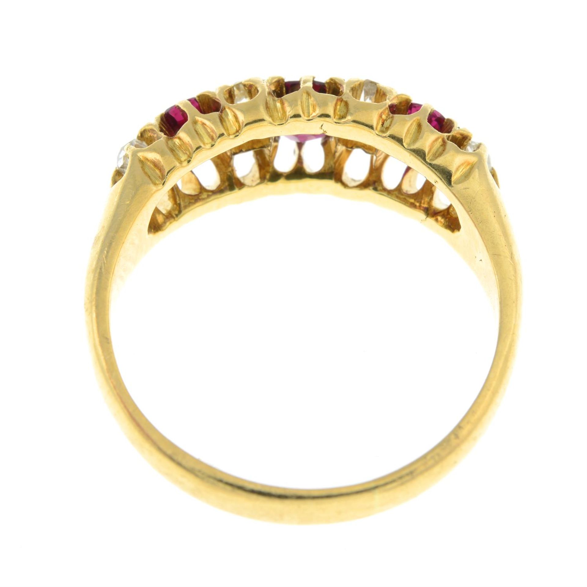 An Edwardian 18ct gold garnet and ruby three-stone ring, with old-cut diamond spacers. - Image 2 of 2