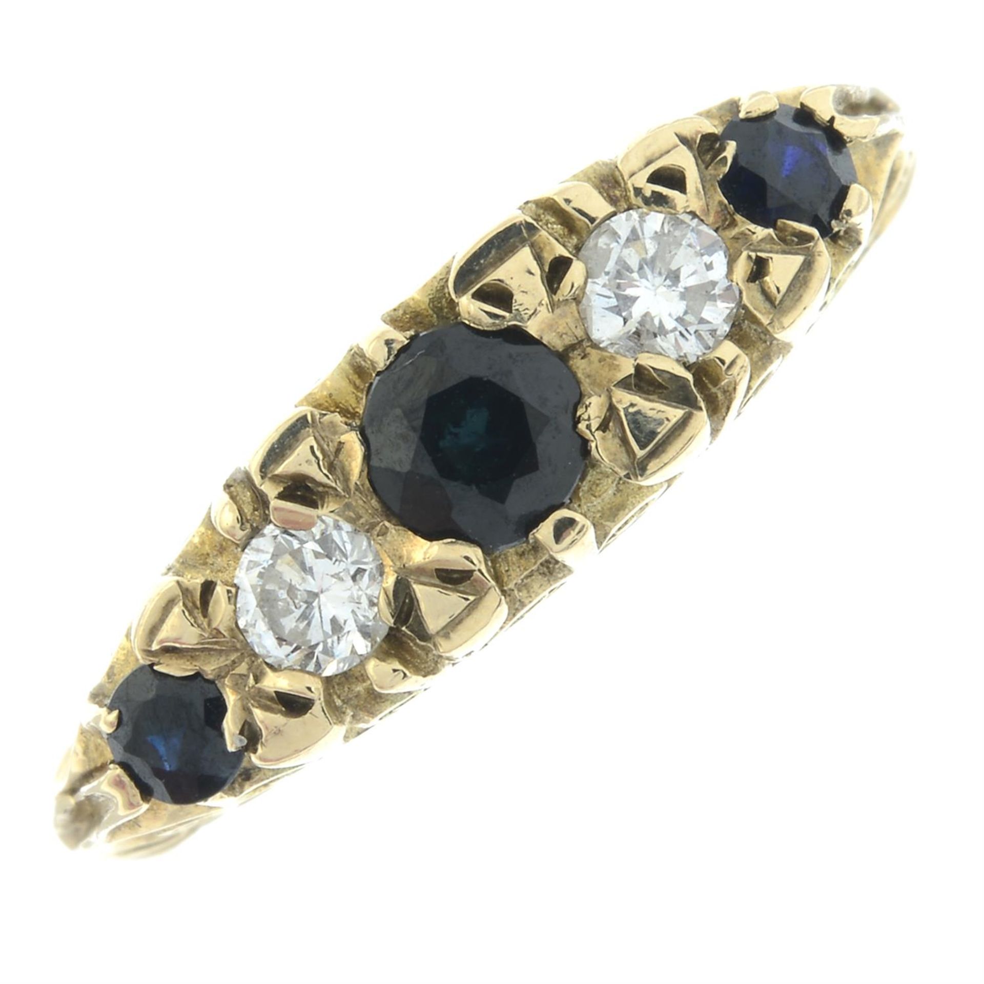 A 9ct gold sapphire and diamond five-stone ring.