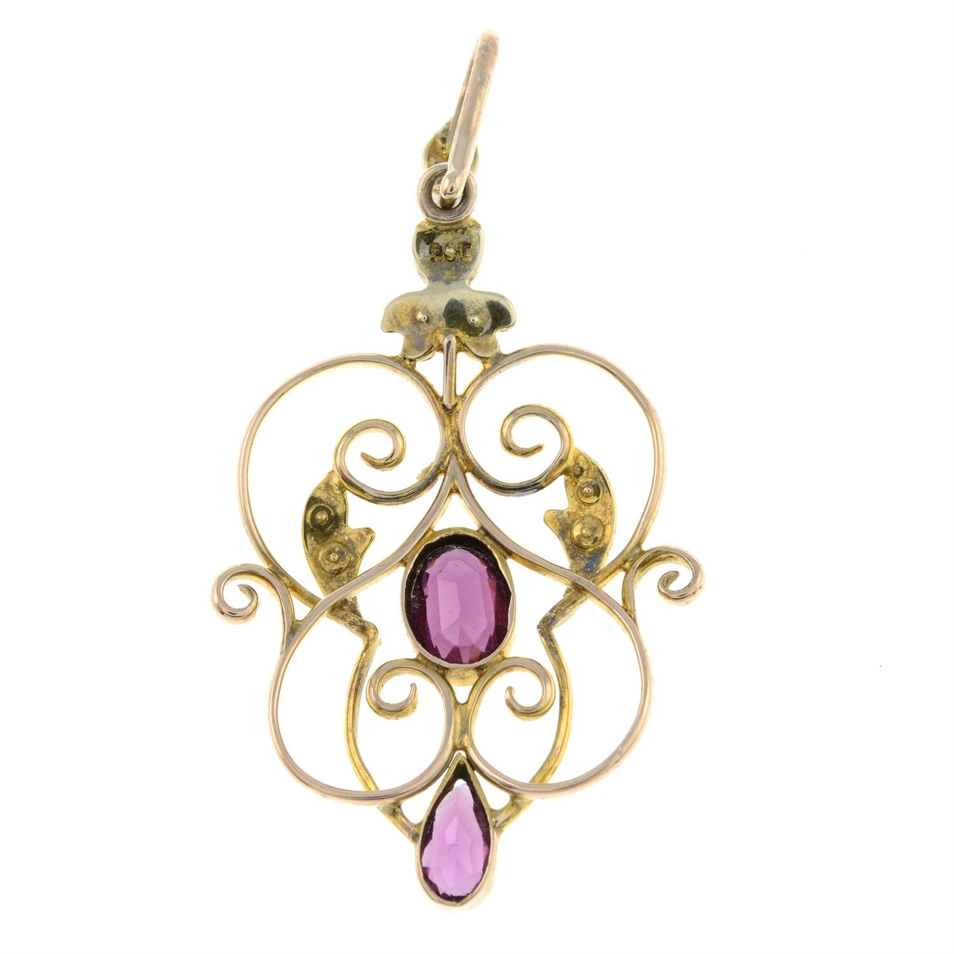 An early 20th century 9ct gold garnet and split pearl pendant. - Image 2 of 2