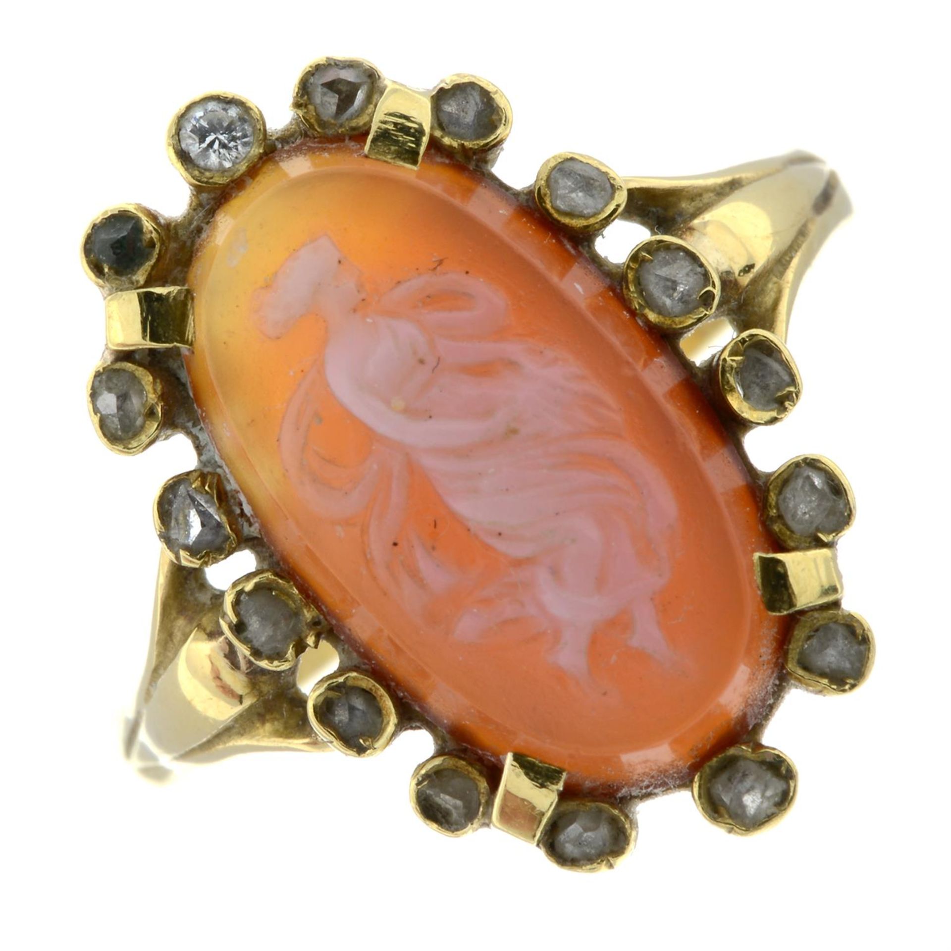 A carnelian cameo and rose-cut diamond ring.