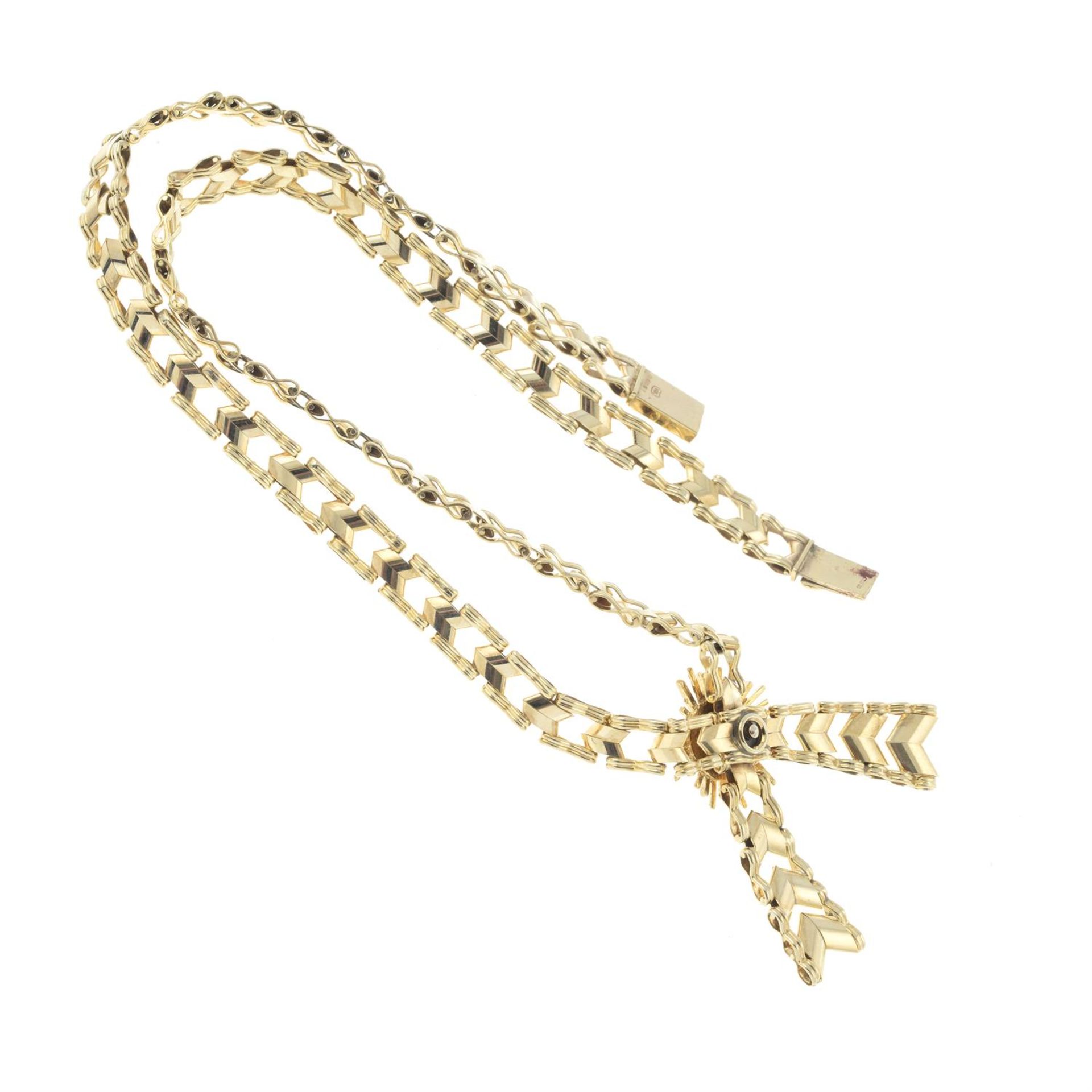 A 9ct gold fancy-link necklace, with sapphire highlight. - Image 2 of 2