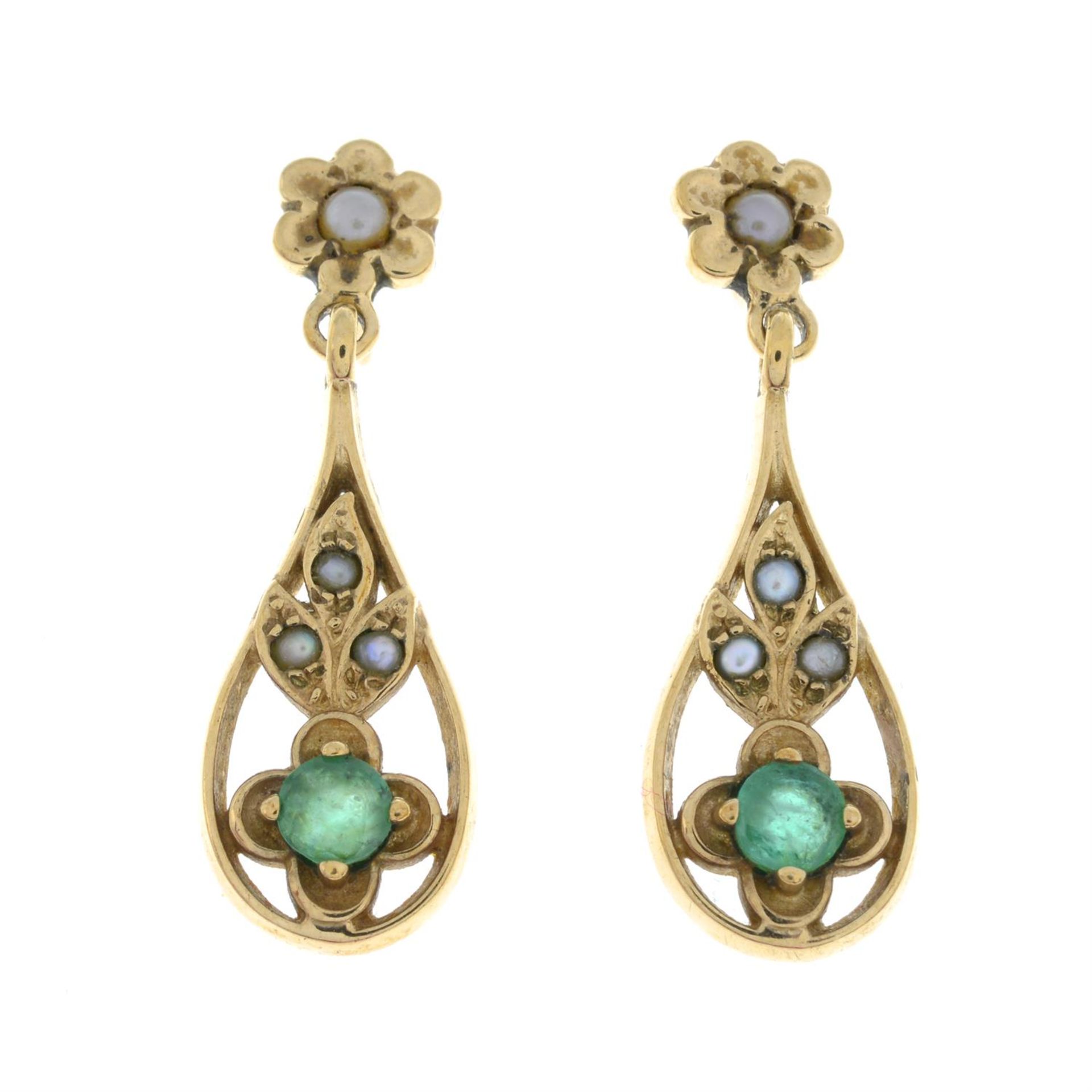 A pair of 9ct gold emerald and split pearl drop earrings.