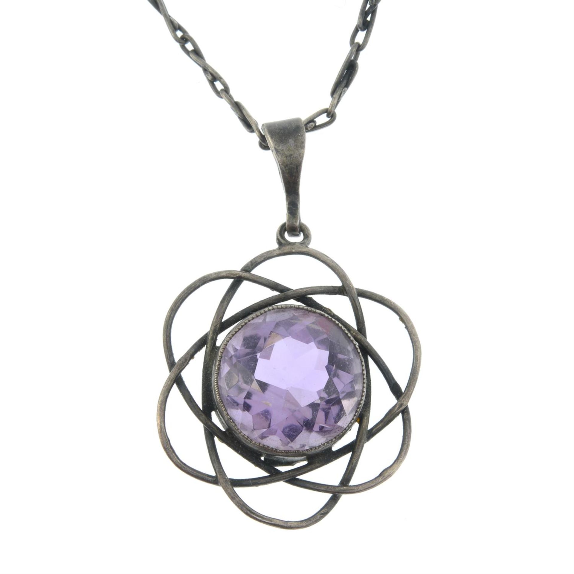A silver amethyst openwork pendant and chain, by Liberty & Co.