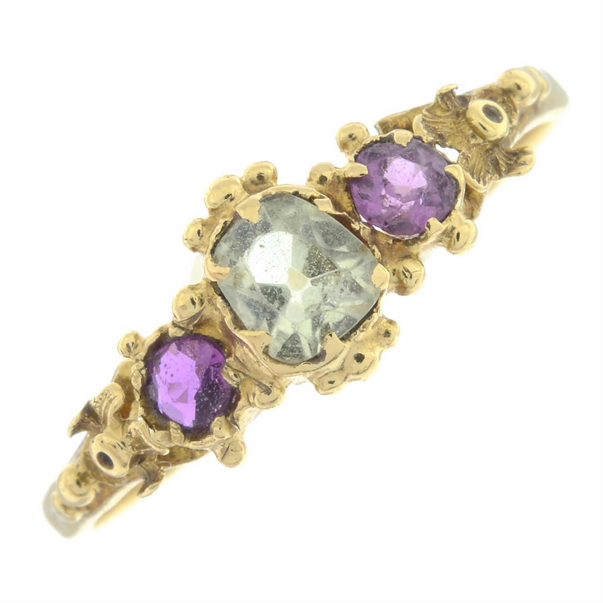 A mid to late 19th century multi-gem three stone ring.