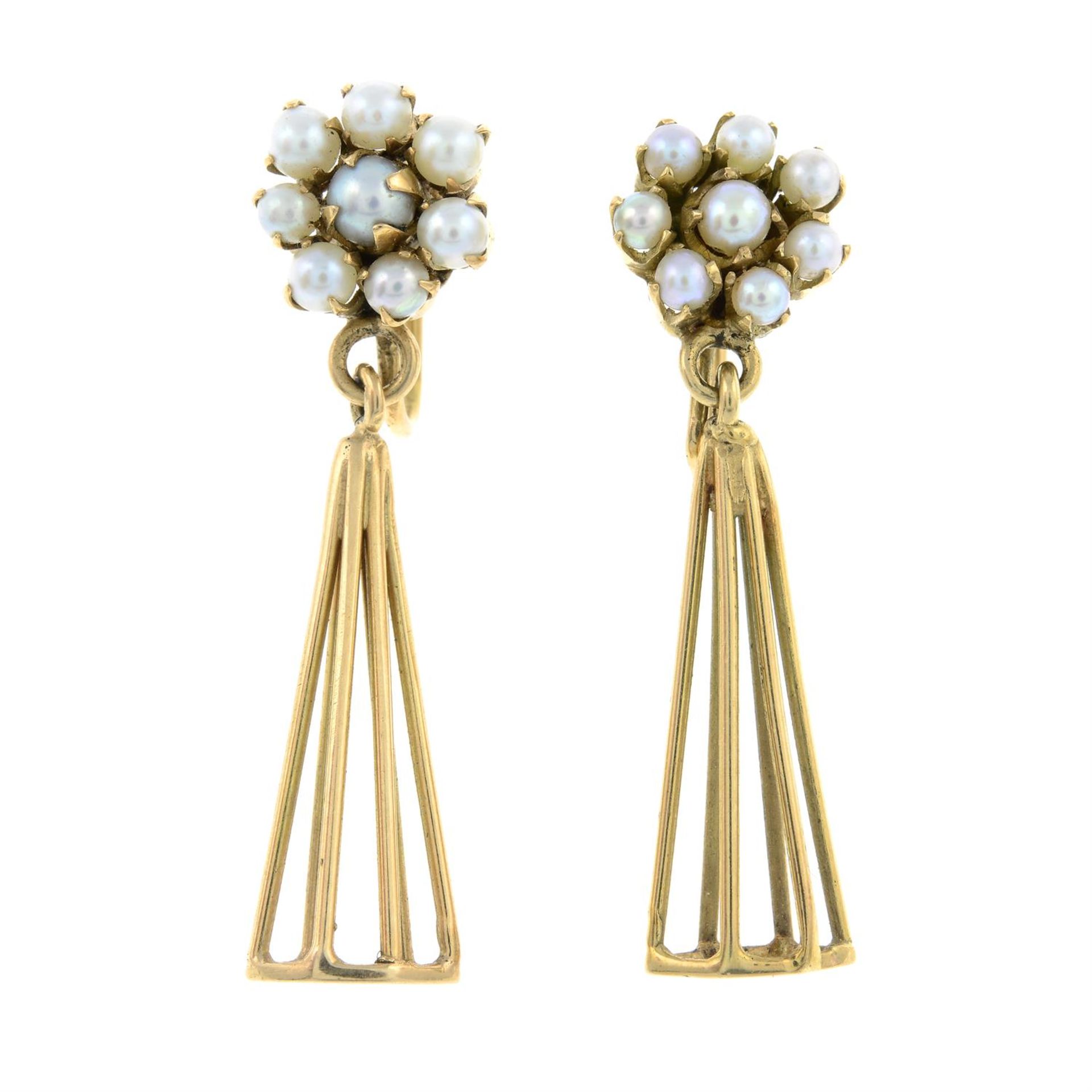 A pair of cultured pearl cluster drop earrings.