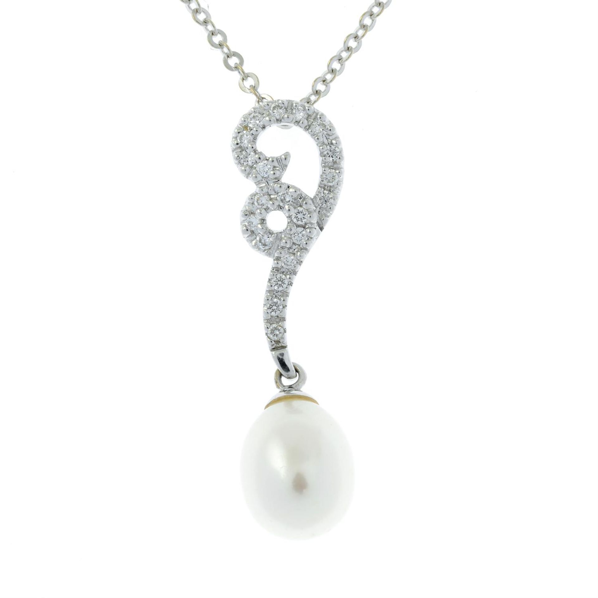 A cultured pearl and diamond pendant, with chain.