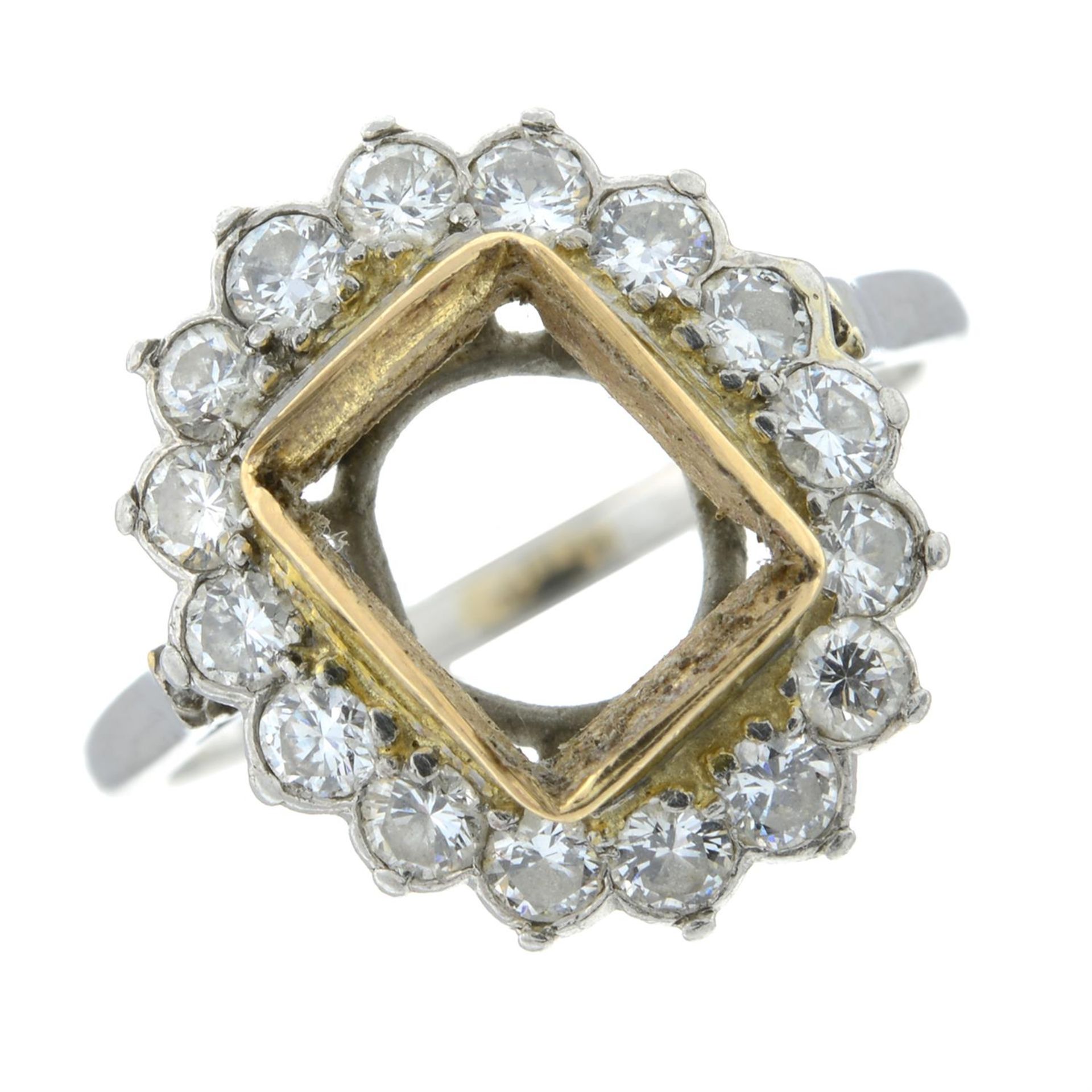 A diamond cluster ring mount, for rectangular-shape stone.