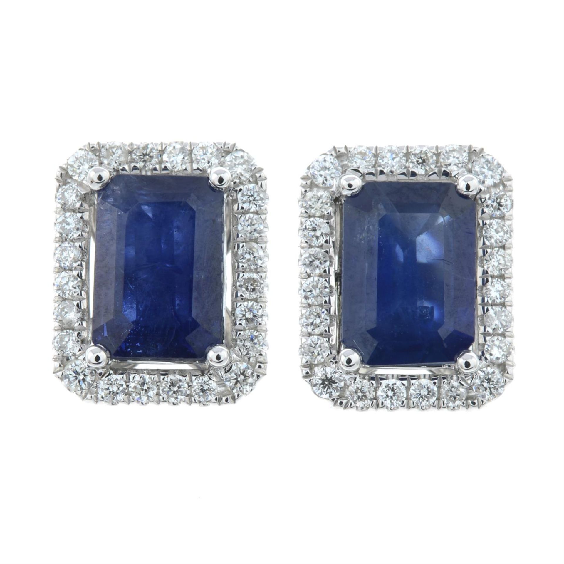 A pair of 18ct gold sapphire and diamond rectangular-shape cluster earrings.