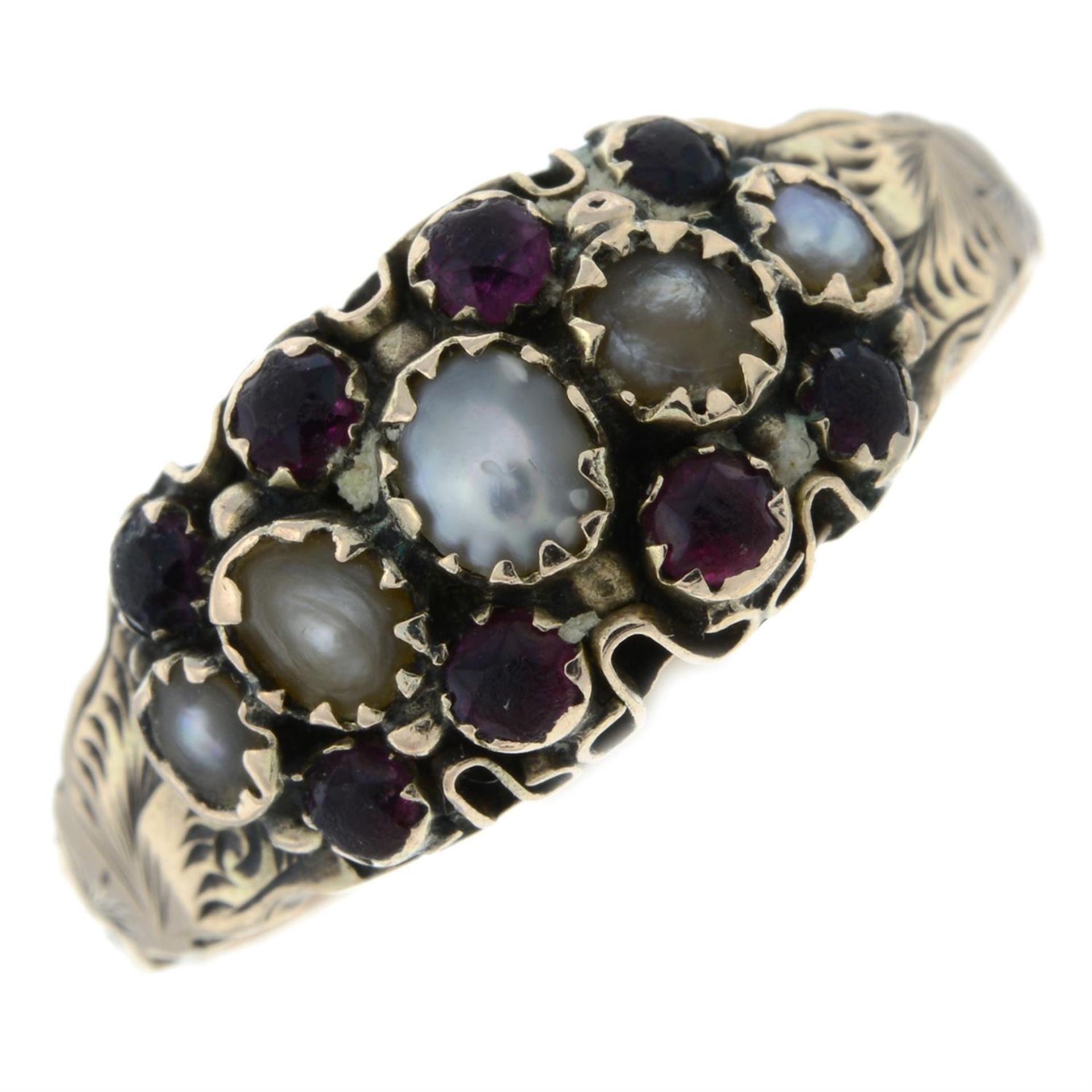 A late Victorian 9ct gold split pearl and garnet ring.