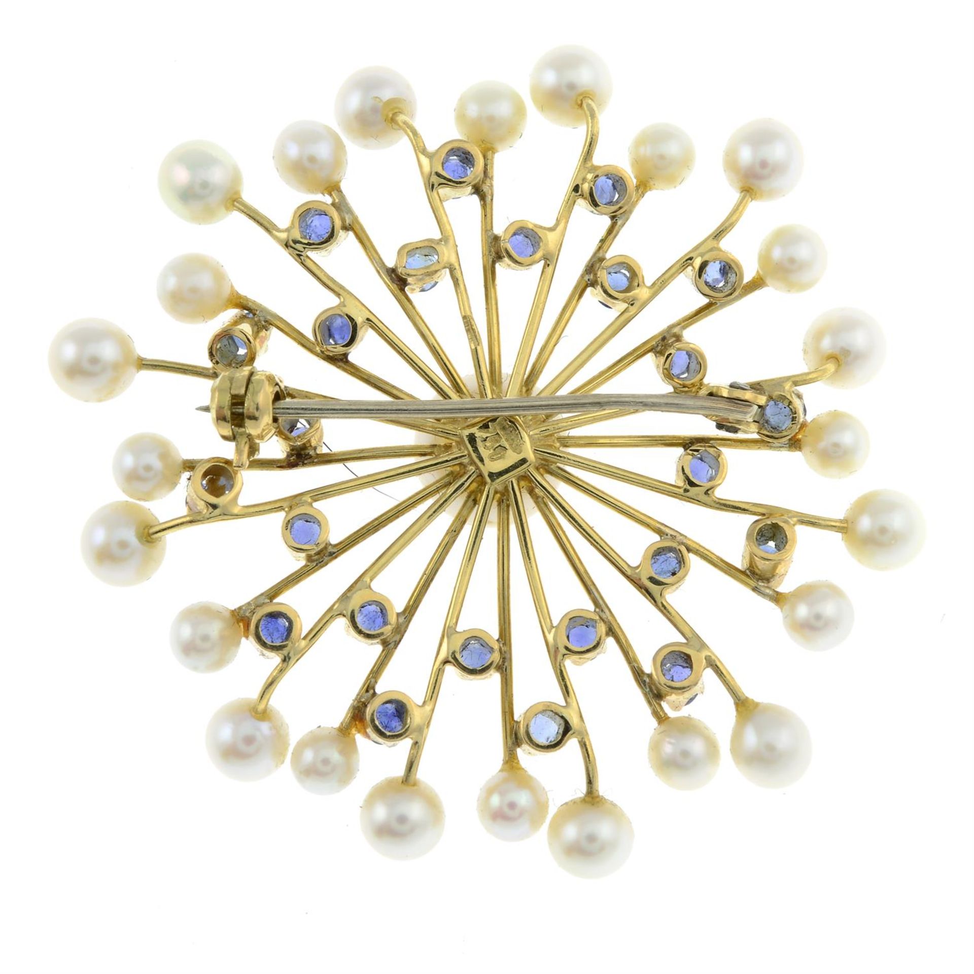 A cultured pearl and sapphire cluster brooch. - Image 2 of 2