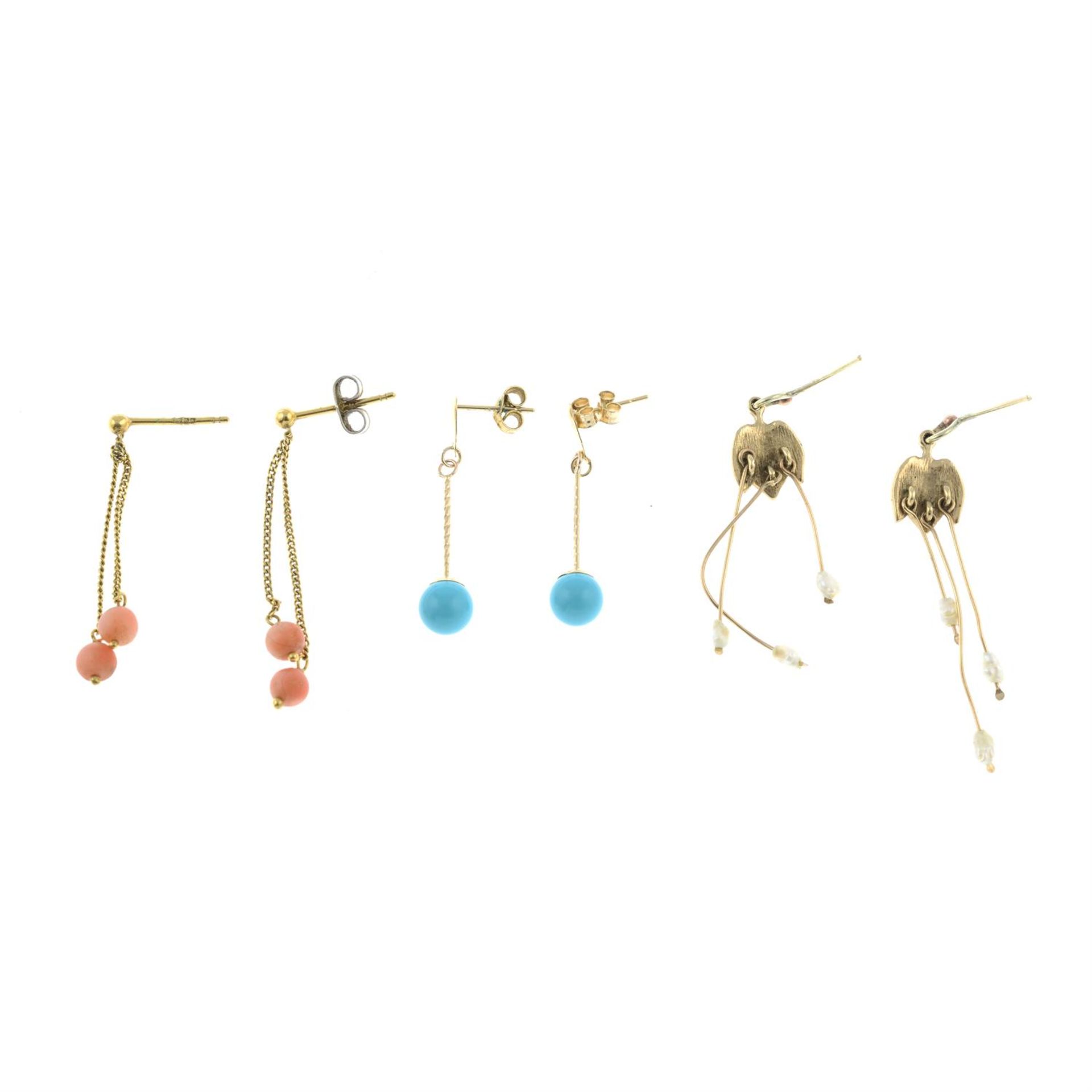 Three pairs of gem-set earrings, to include a pair of 9ct gold coral drop earrings. - Image 2 of 2