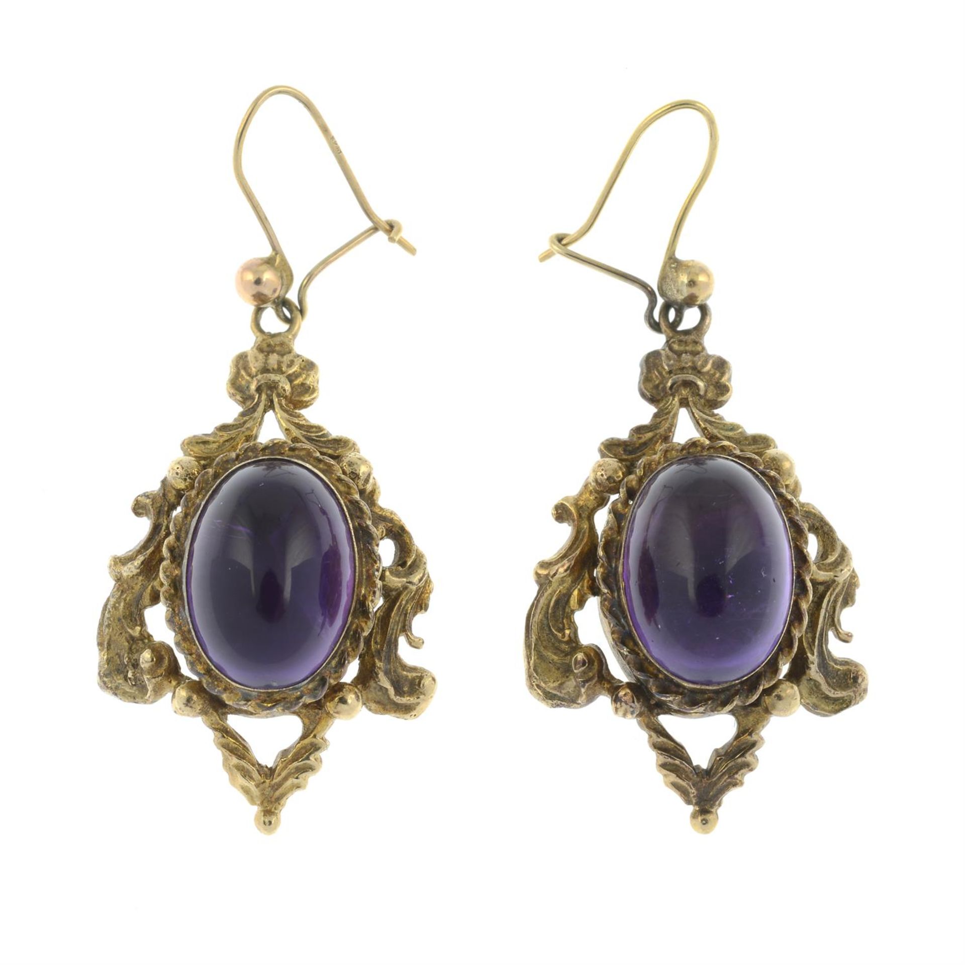 A pair of 9ct gold amethyst cabochon drop earrings.