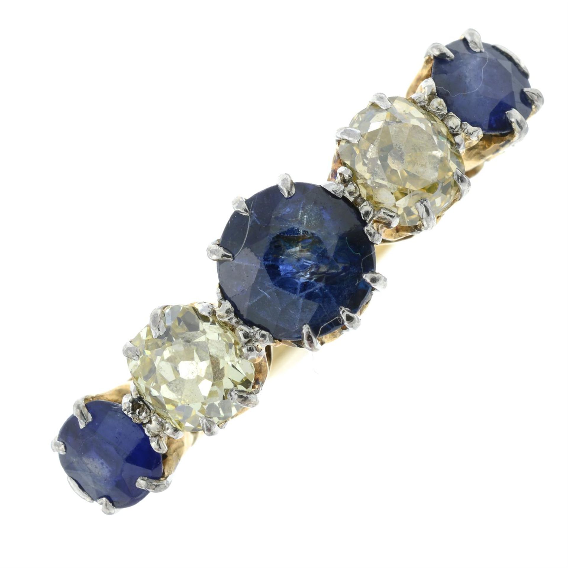 A sapphire and old-cut 'yellow' diamond five-stone ring.