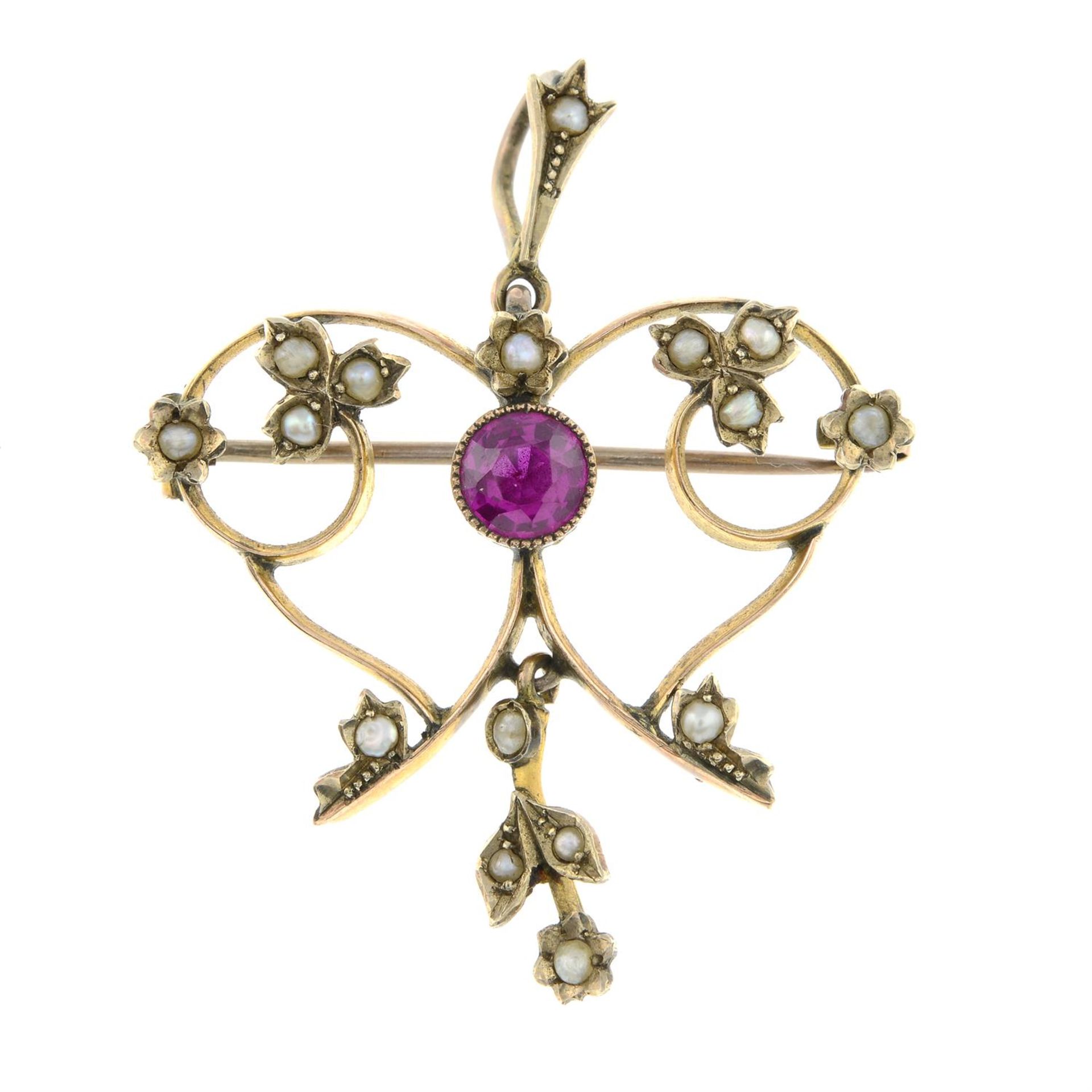A late Victorian synthetic ruby and split pearl drop pendant/ brooch.