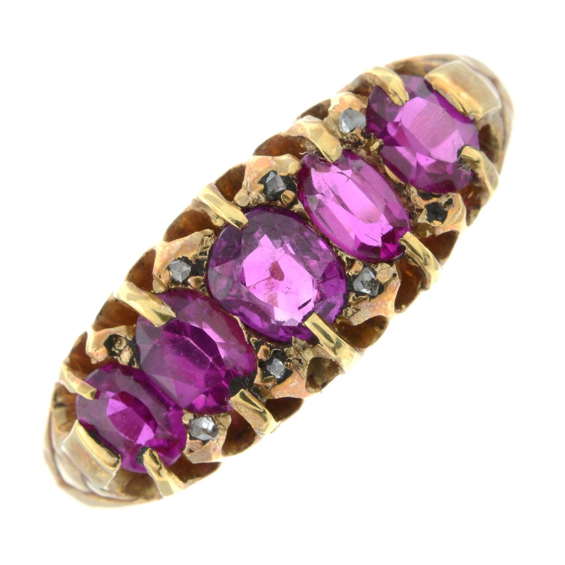 A late 19th century 18ct gold ruby and synthetic ruby five-stone ring, with rose-cut diamond