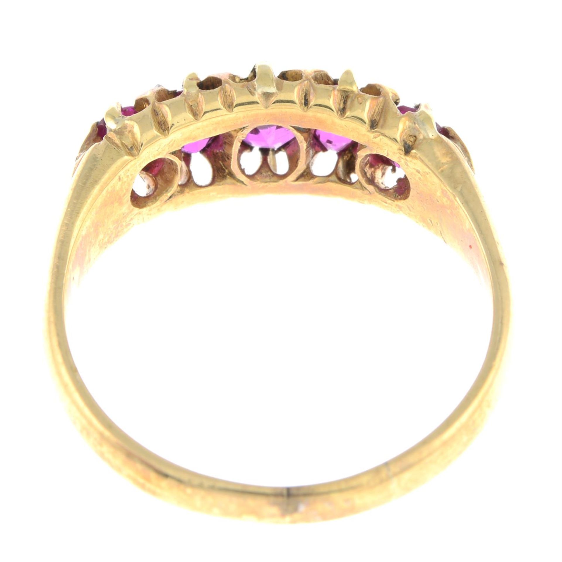 A late 19th century 18ct gold ruby and synthetic ruby five-stone ring, with rose-cut diamond - Image 2 of 2